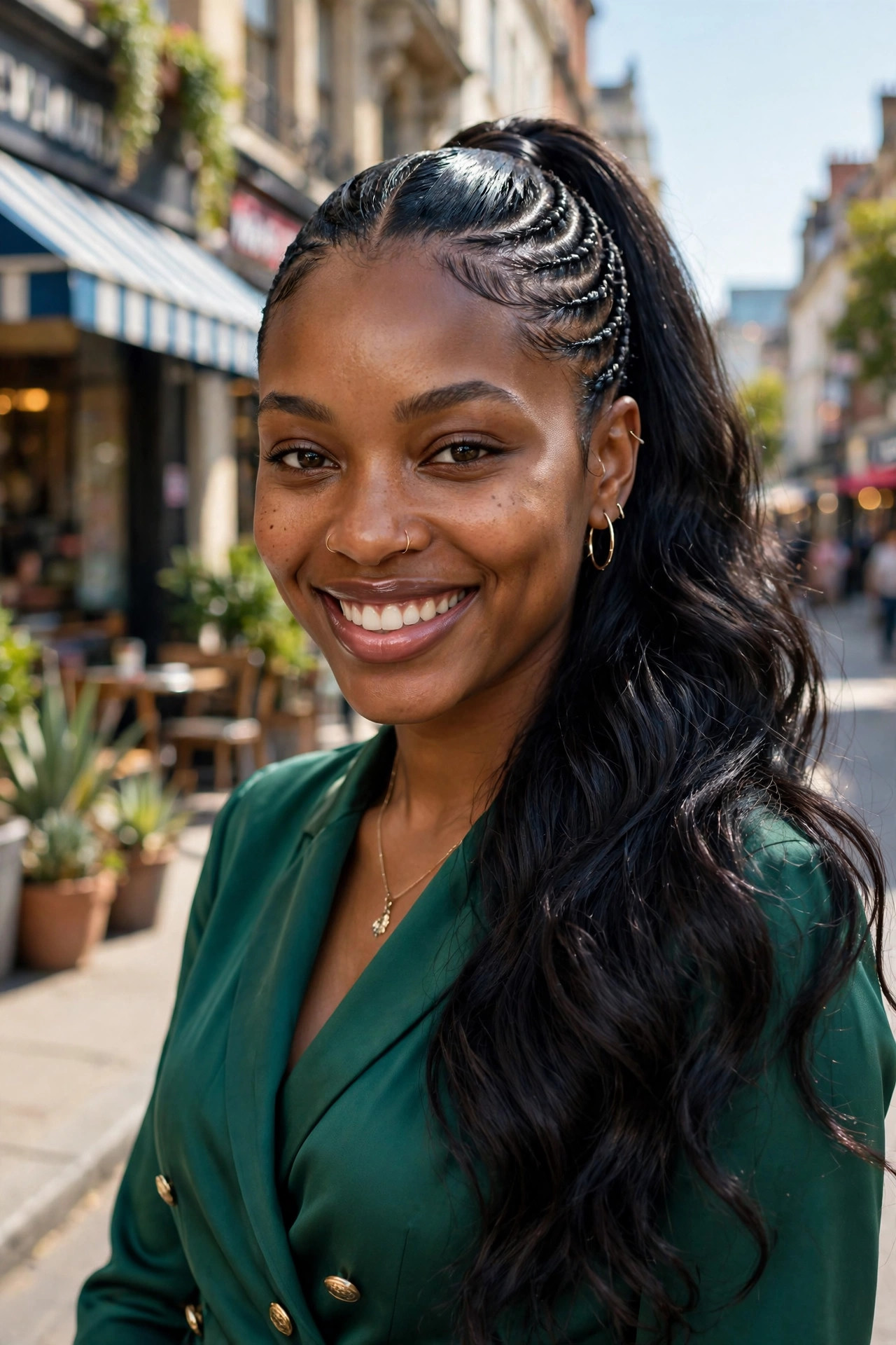 Sleek flat-twist half-up ponytail with glossy edges on a Black woman