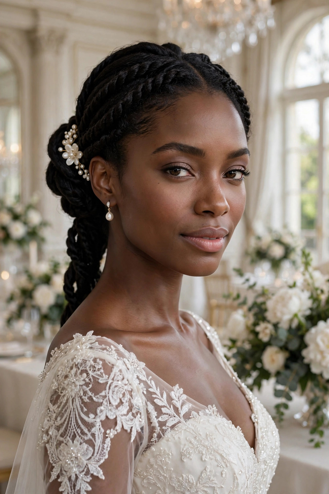 Elegant twisted half-up wedding hairstyle with pearl accessory on a Black bride