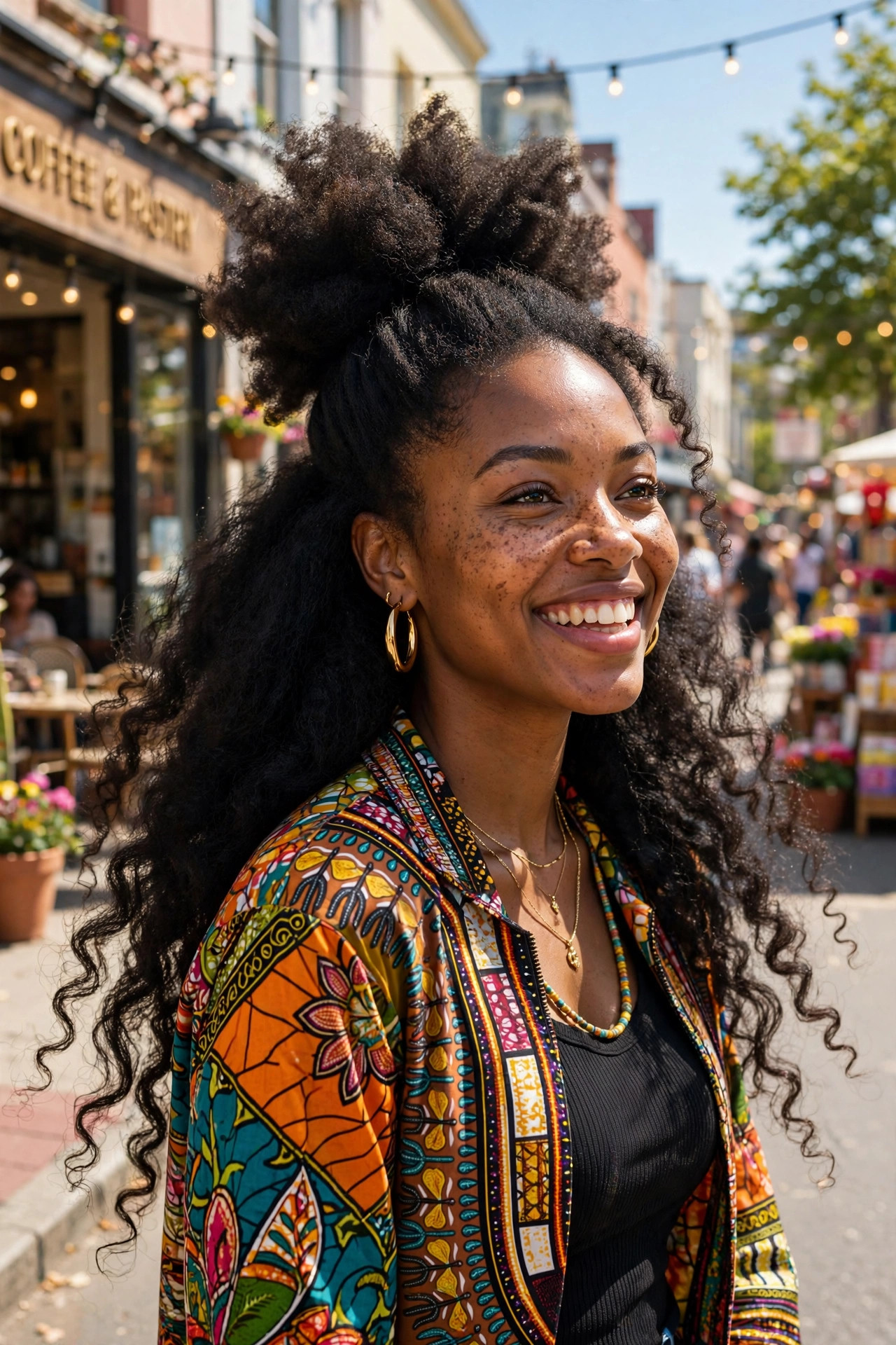 Joyful Black woman with a voluminous afro puff half-up hairstyle and natural hair flowing free below