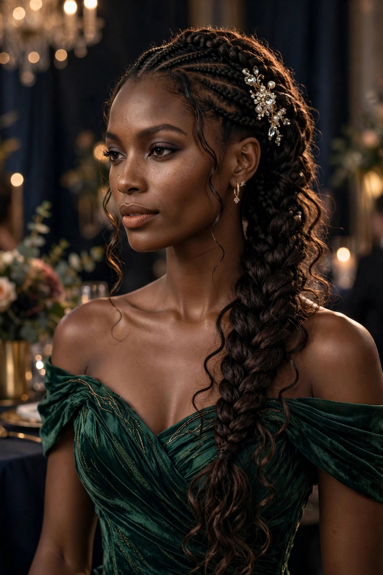 Elegant Black woman with a braided side sweep half-up hairstyle and jeweled hair pin