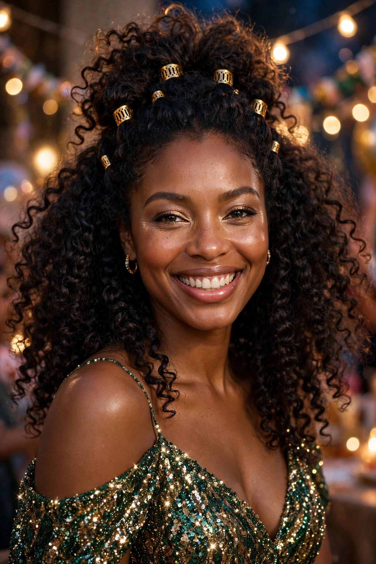 Curly birthday glam half-up hairstyle with gold hair cuffs on a Black woman