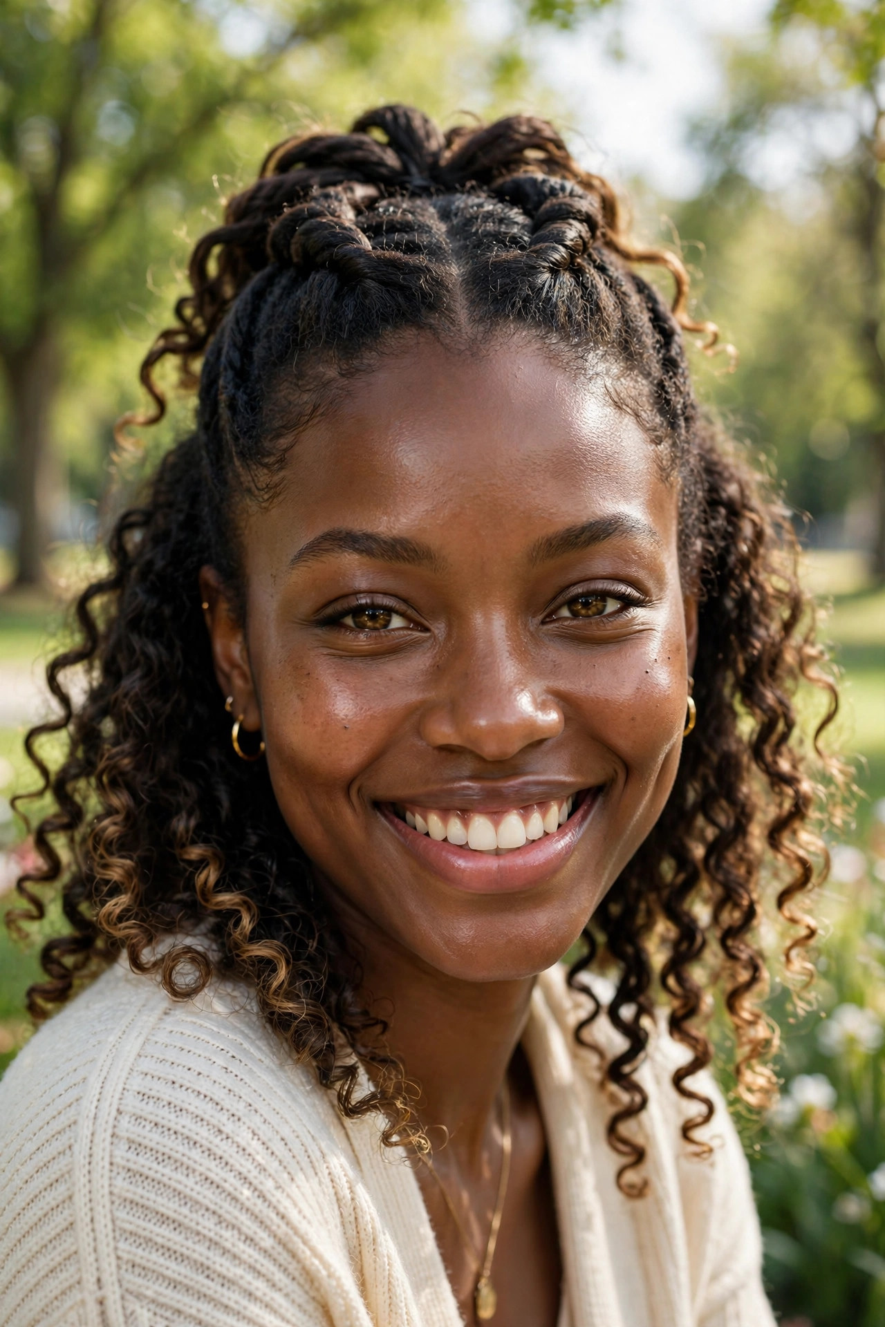 Defined twist-out crown half-up hairstyle with natural curls on a Black woman