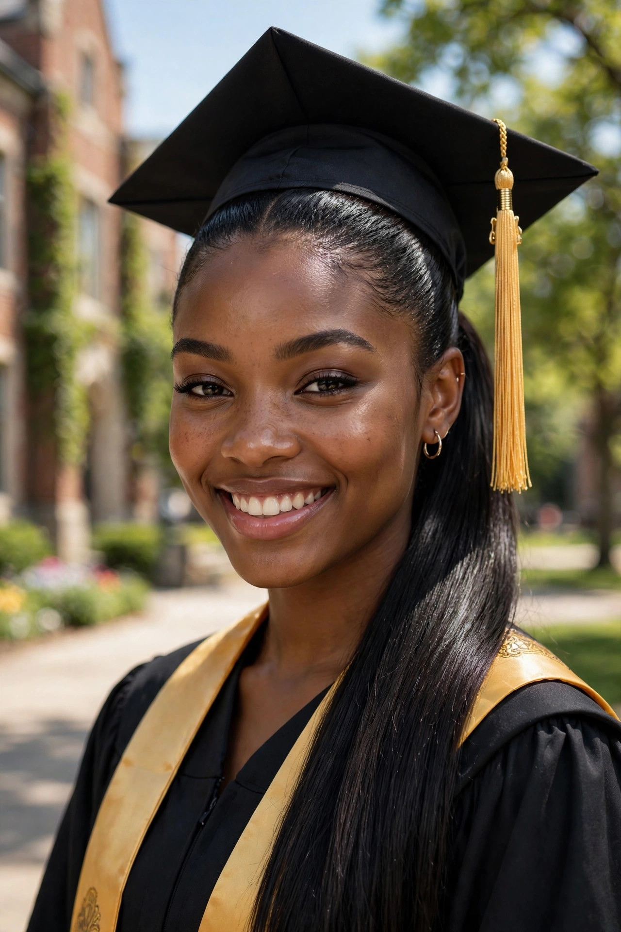 Sleek half-up graduation ponytail with long shiny hair on a Black graduate
