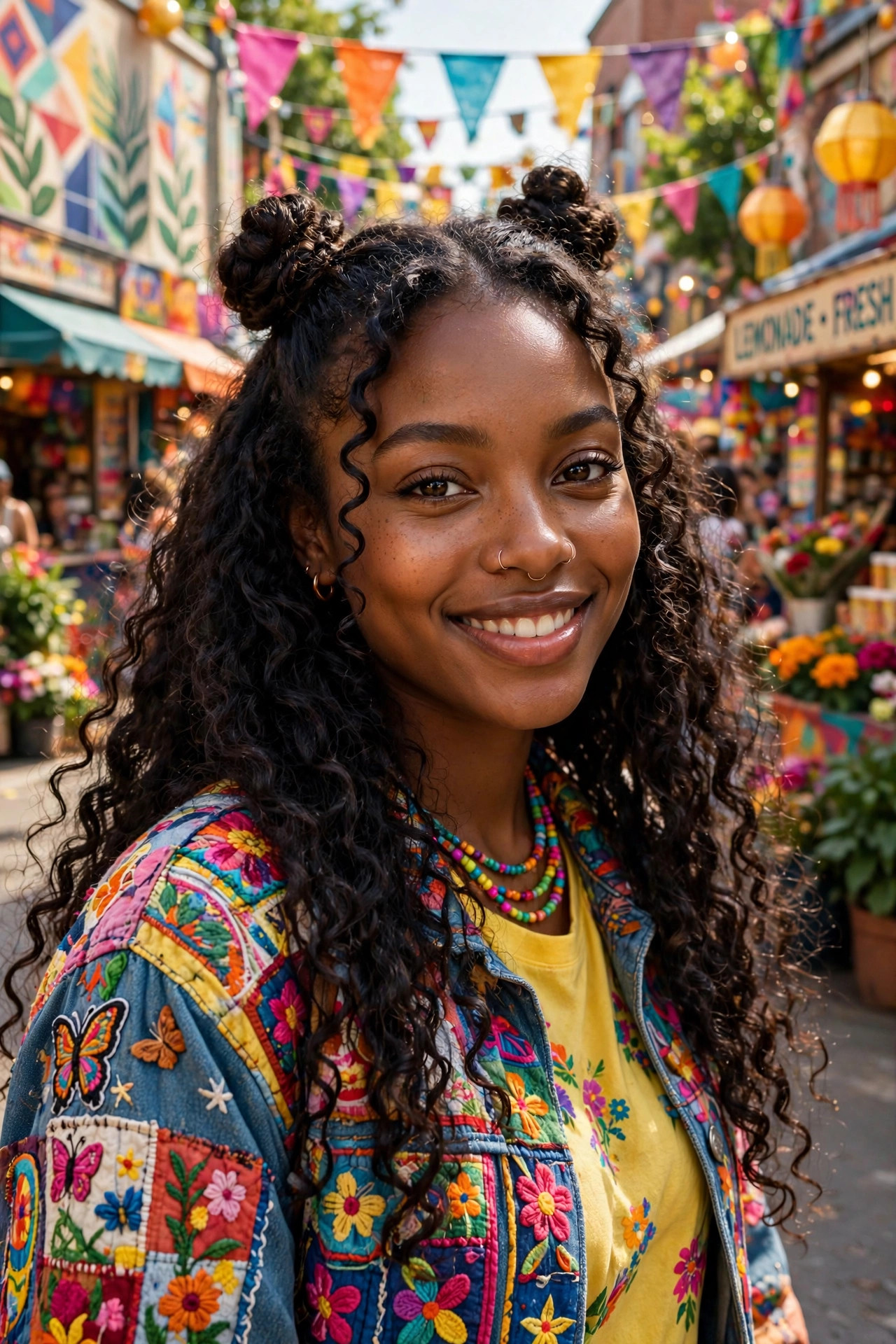 Playful half-up space buns with long flowing hair on a cheerful Black woman