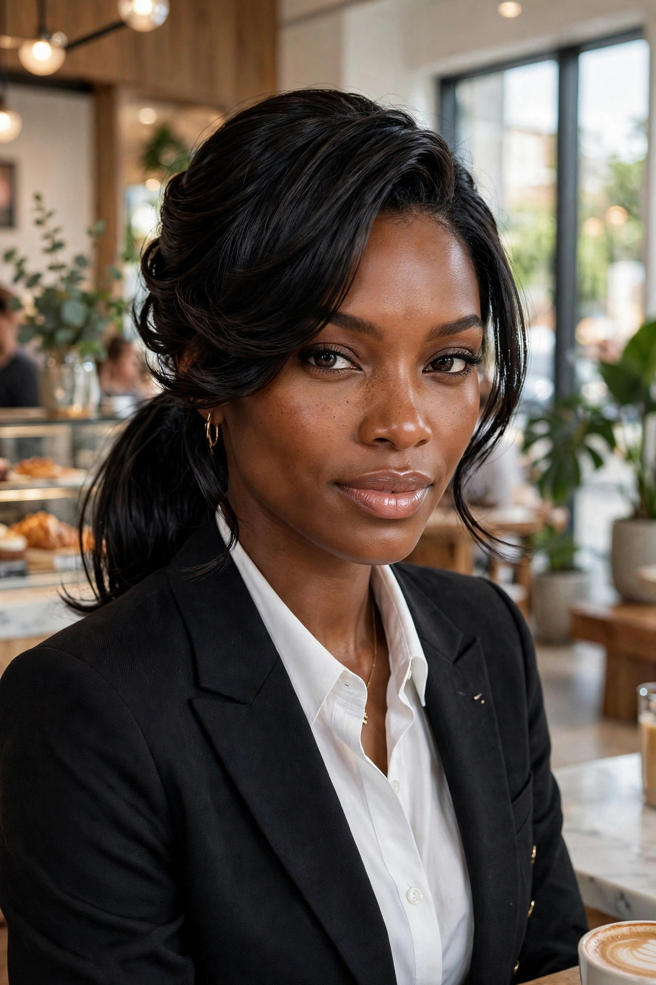 Silky pressed layers half-up hairstyle with feathered bounce on a Black woman