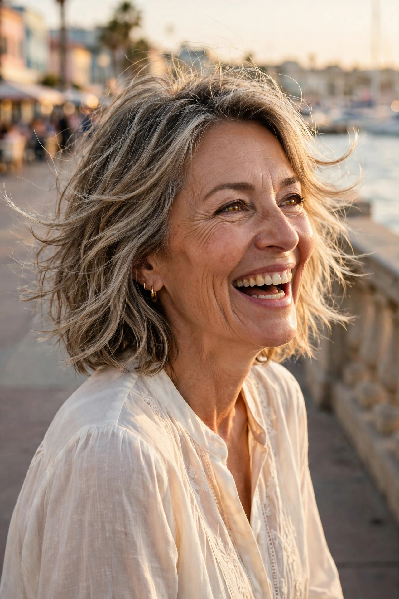 Textured lob haircut with tousled shoulder-skimming layers in soft daylight