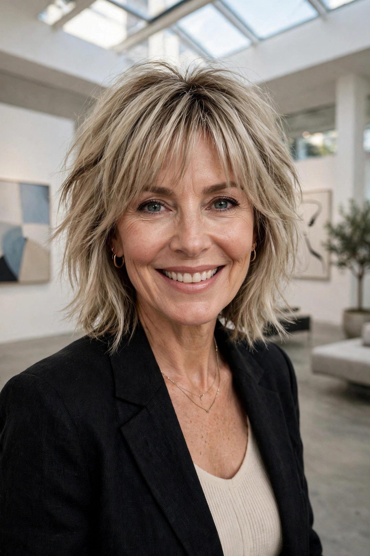 Soft shag haircut with choppy layers, one of the most forgiving hairstyles for thin hair for women over 50