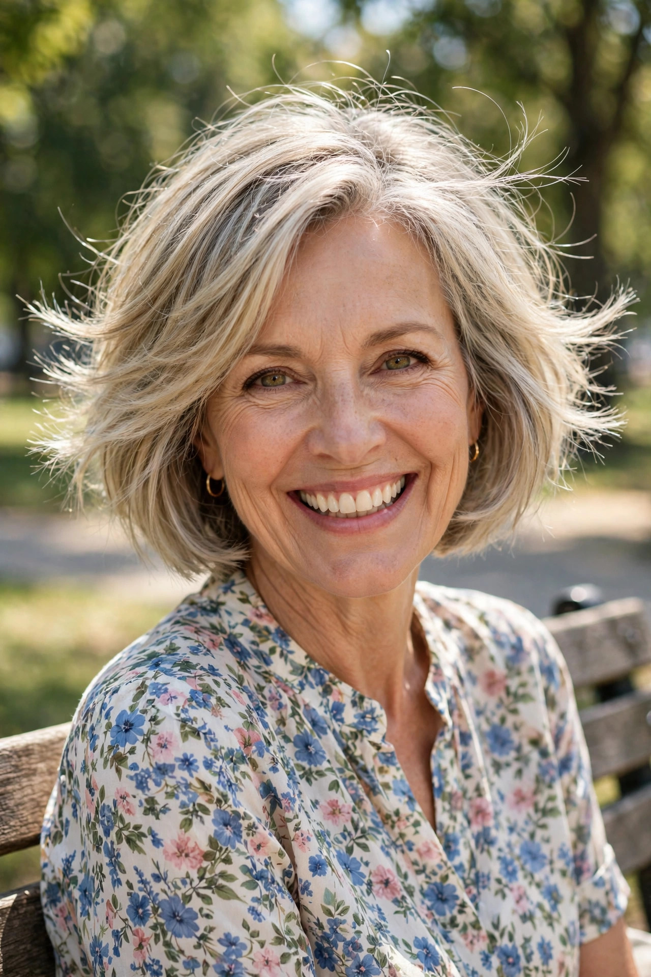 Classic feathered bob with flicked ends, timeless hairstyles for thin hair for women over 50