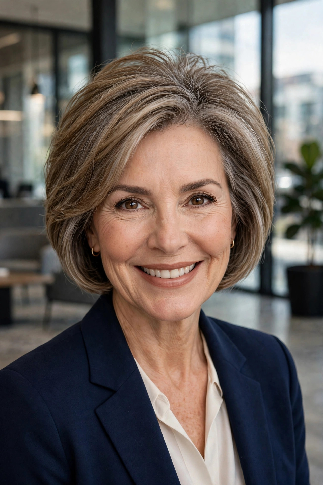 Stacked bob haircut with graduated layers building volume at the back crown