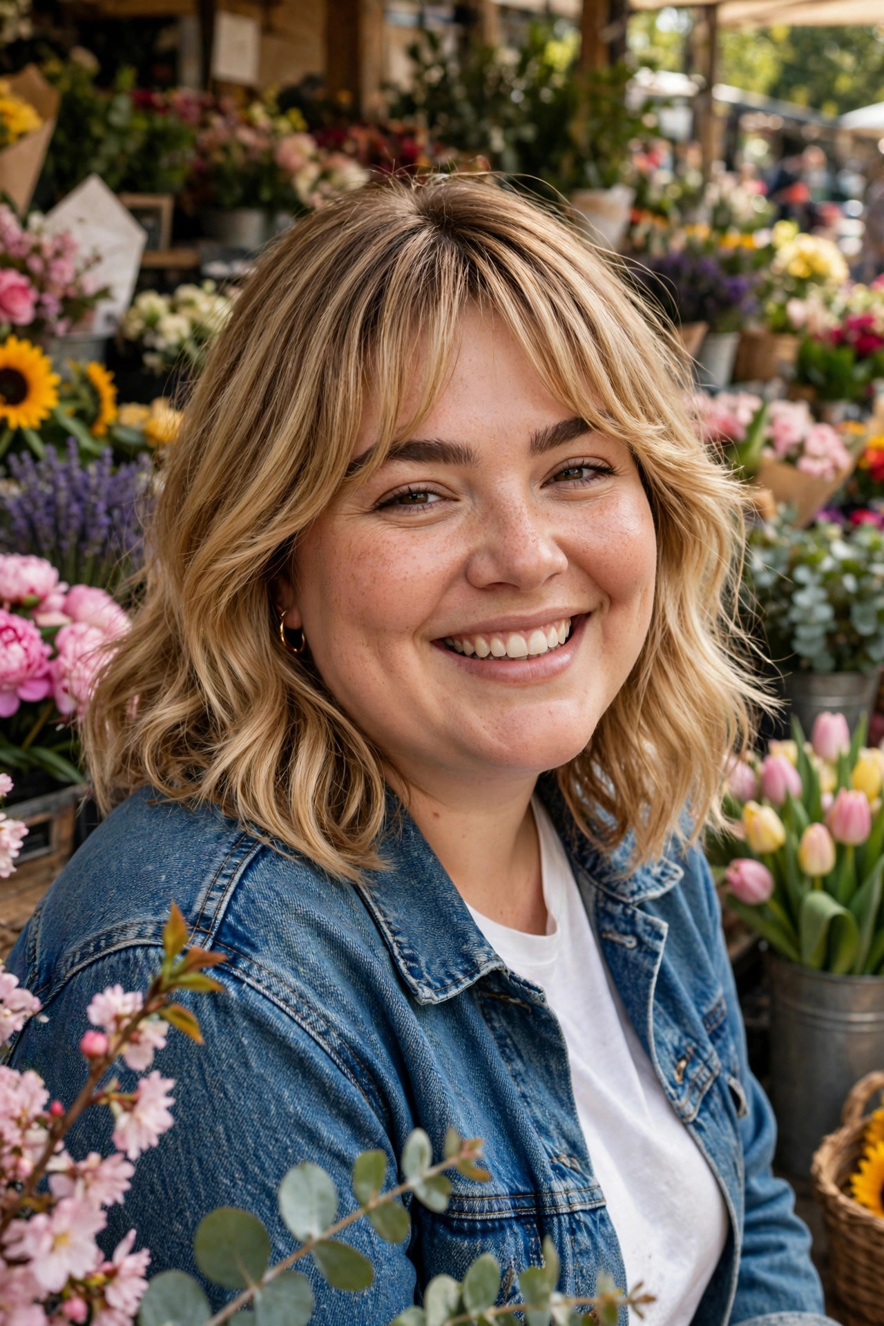 Soft curtain bangs with a honey-blonde lob framing a round face, a flattering pick from medium hairstyles for plus size women