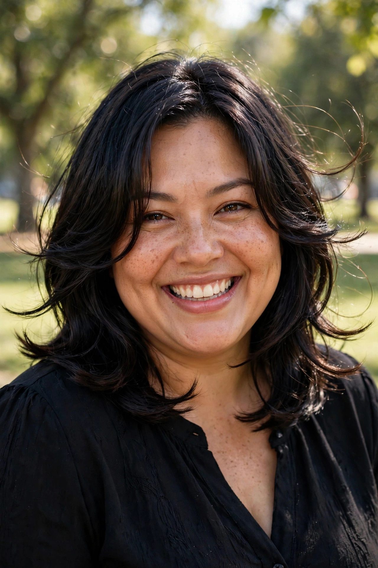 Face-framing layers with shorter front pieces curving around the cheeks on glossy dark shoulder-length hair