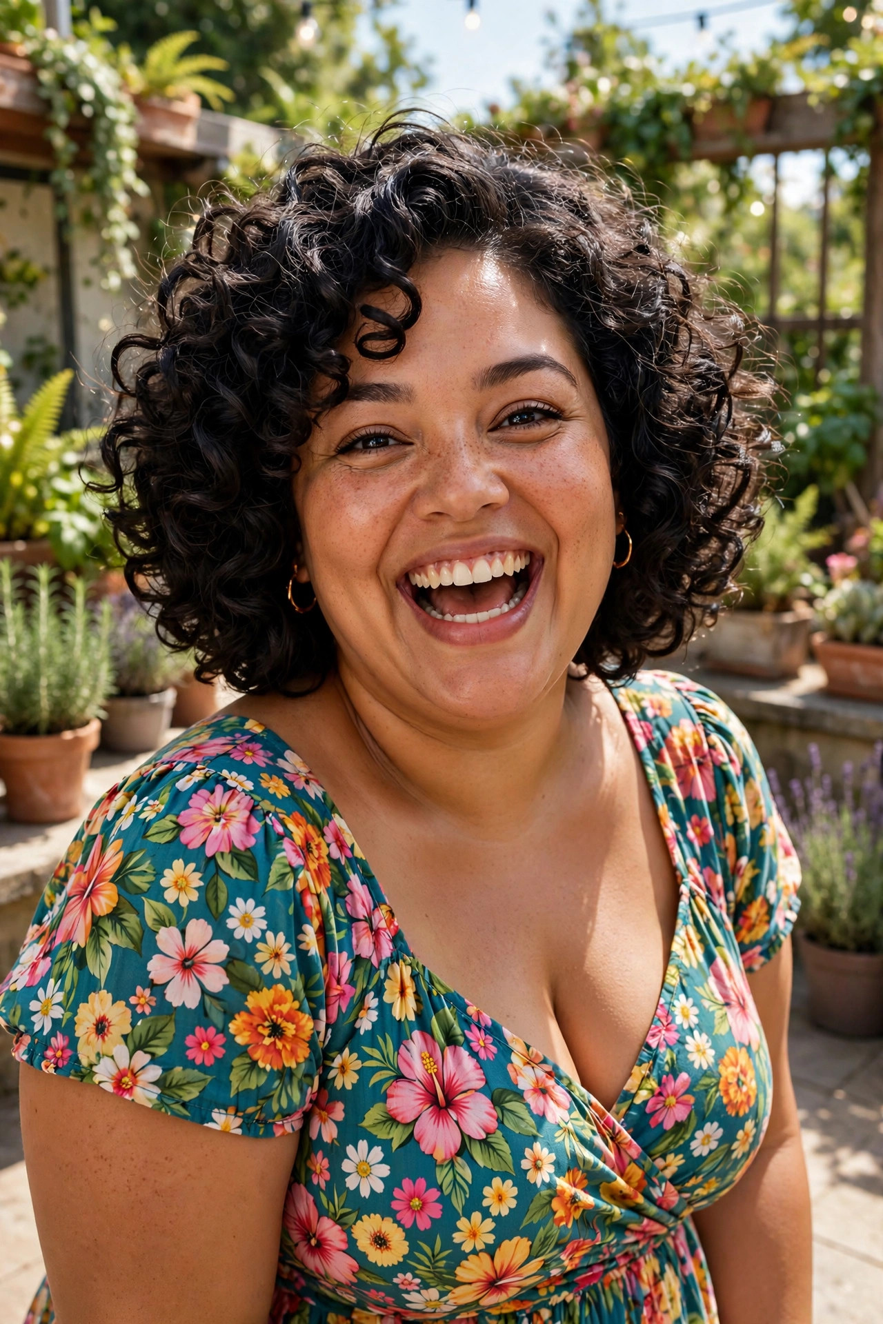 Bouncy curled bob with defined springy curls on a laughing woman — curled bobs are timeless medium hairstyles for plus size women
