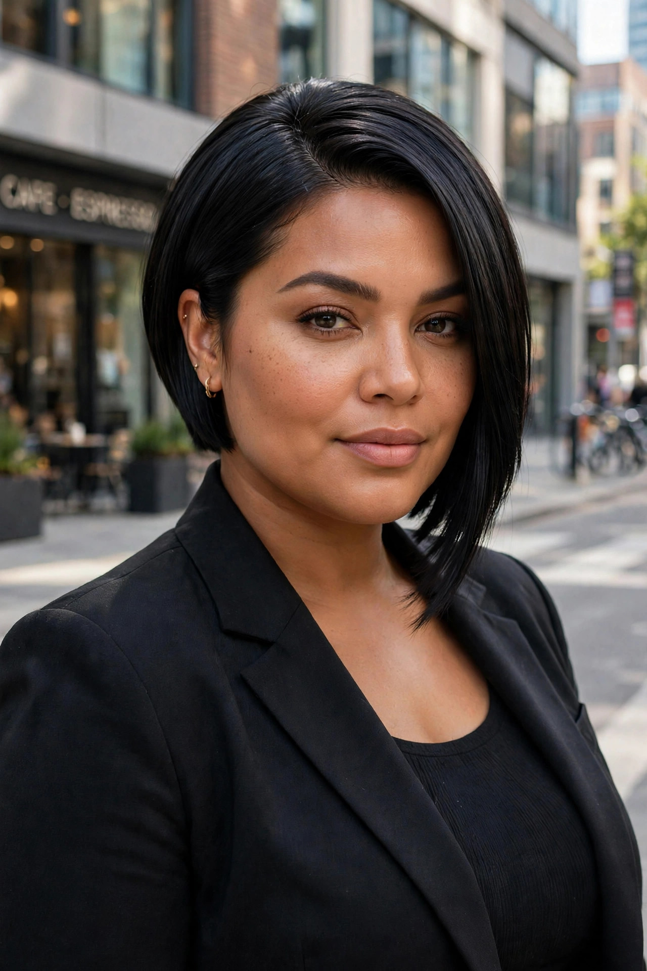 Sleek angled bob with longer front pieces and a stacked back in pin-straight jet-black hair