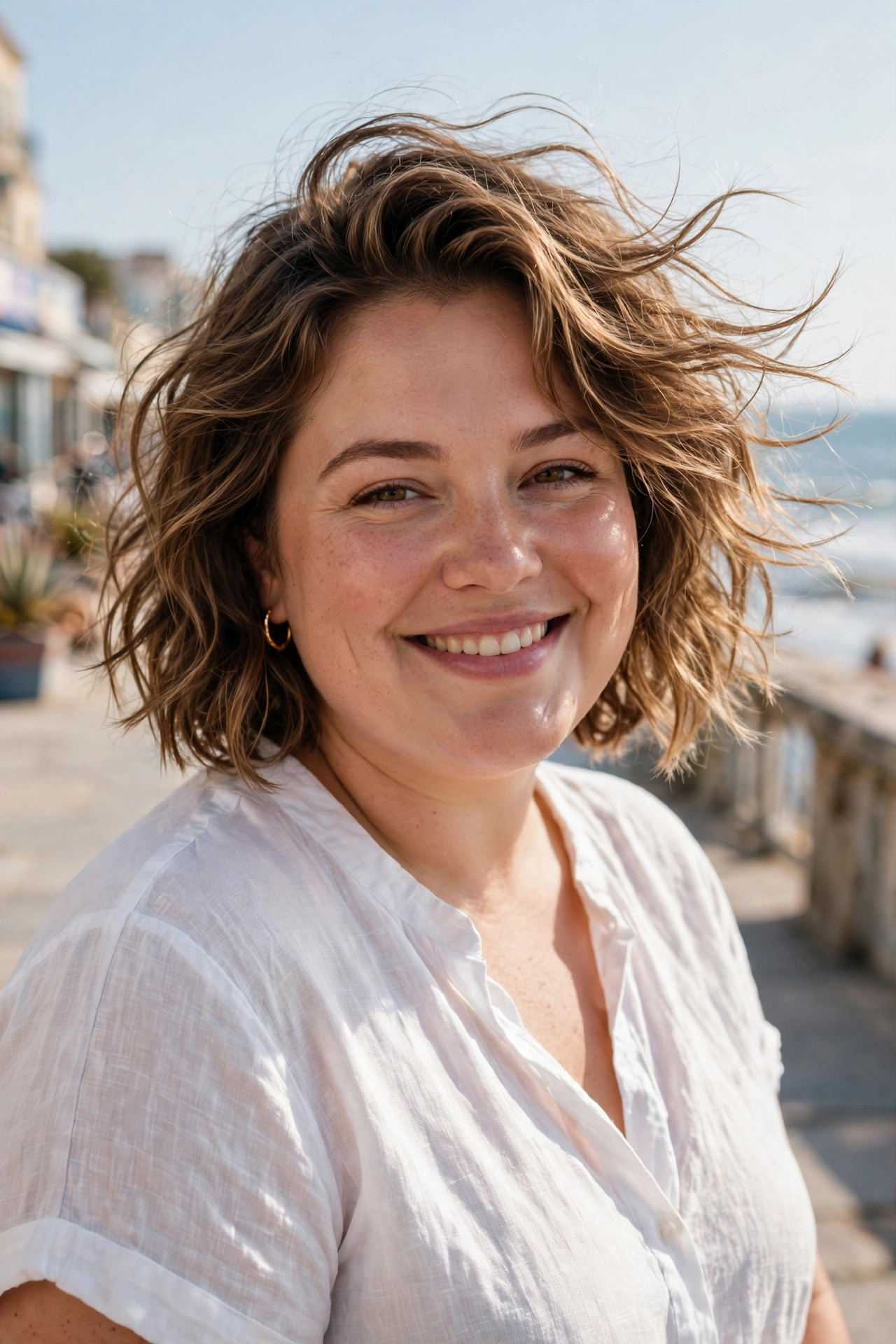 Textured wavy lob with tousled beachy waves in sun-kissed brown hair, easy medium hairstyles for plus size women with natural movement