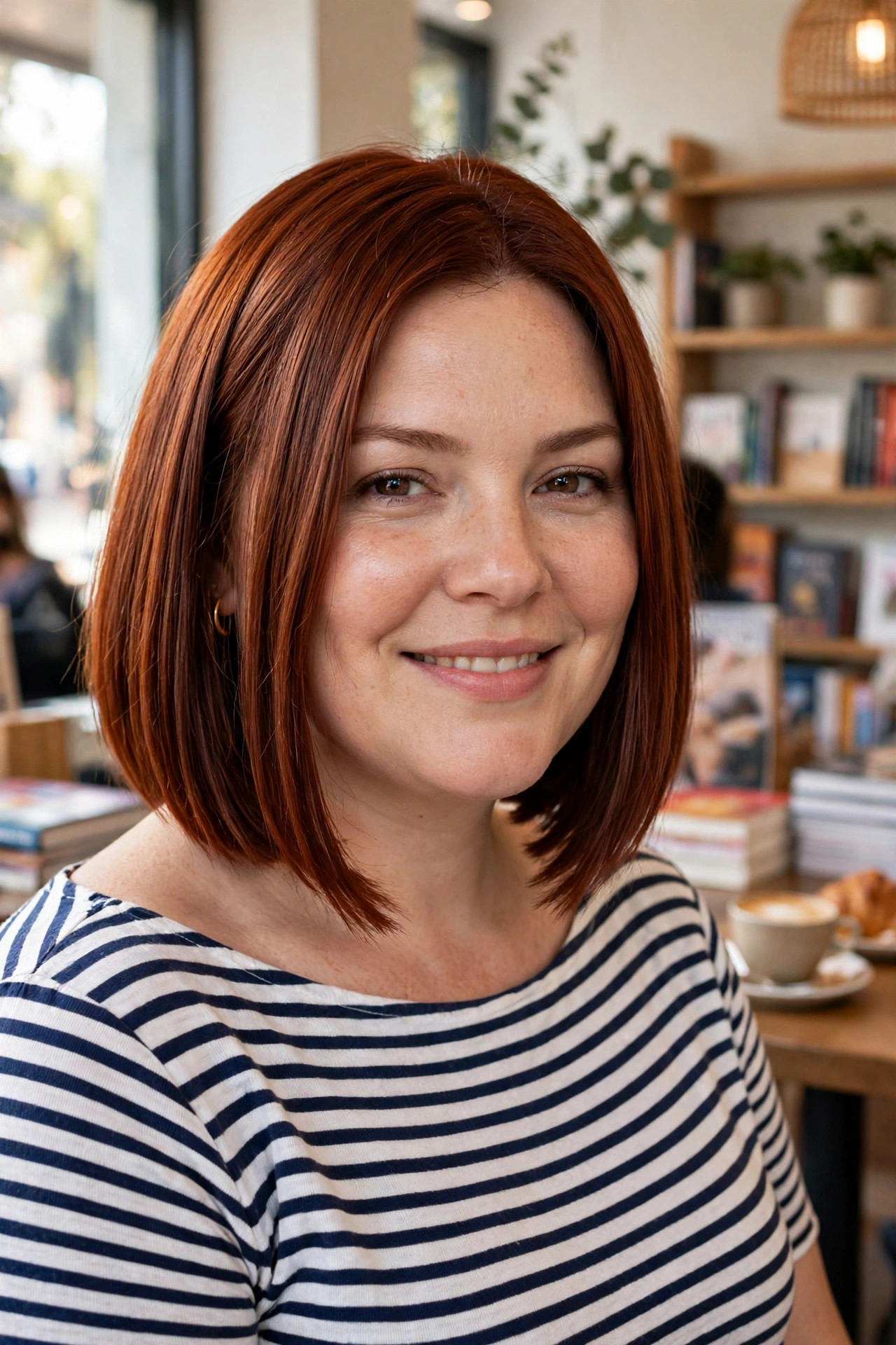 Blunt collarbone cut with one-length sharp ends in rich auburn hair, a bold geometric medium cut