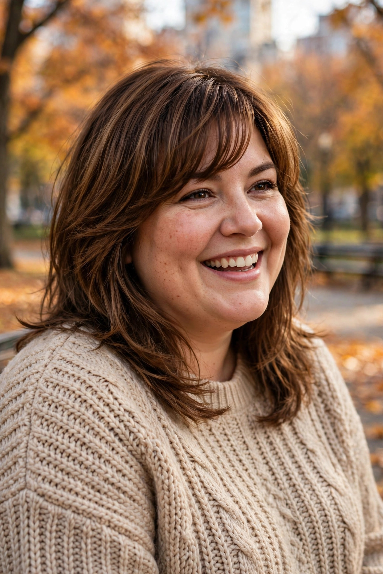 Side-swept bangs with a deep side part on warm brown medium layered hair in an autumn park