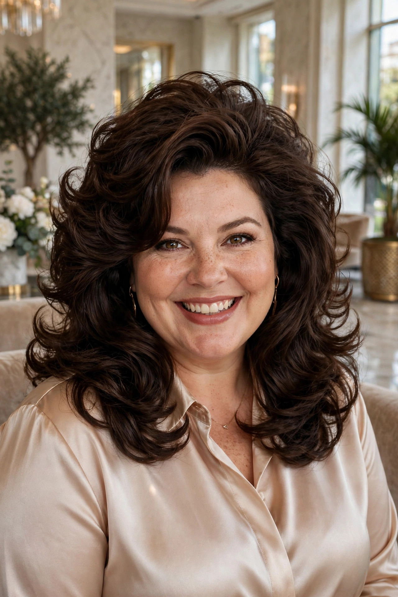 Voluminous layered medium cut with big bouncy blowout layers in dark chocolate hair, full of body — gorgeous medium hairstyles for plus size women