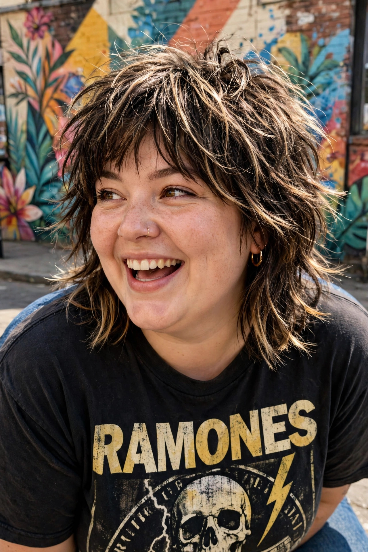 Modern shaggy shag with choppy textured layers and wispy ends in medium-length highlighted hair