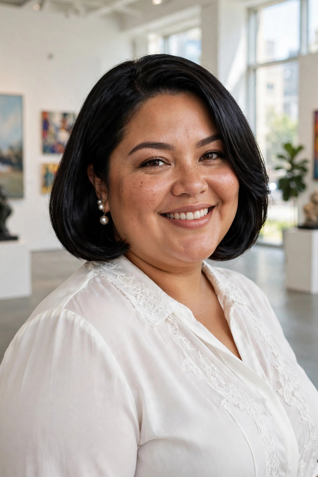 Rounded chin-length bob with a curved under shape hugging the jawline in glossy black hair with shine