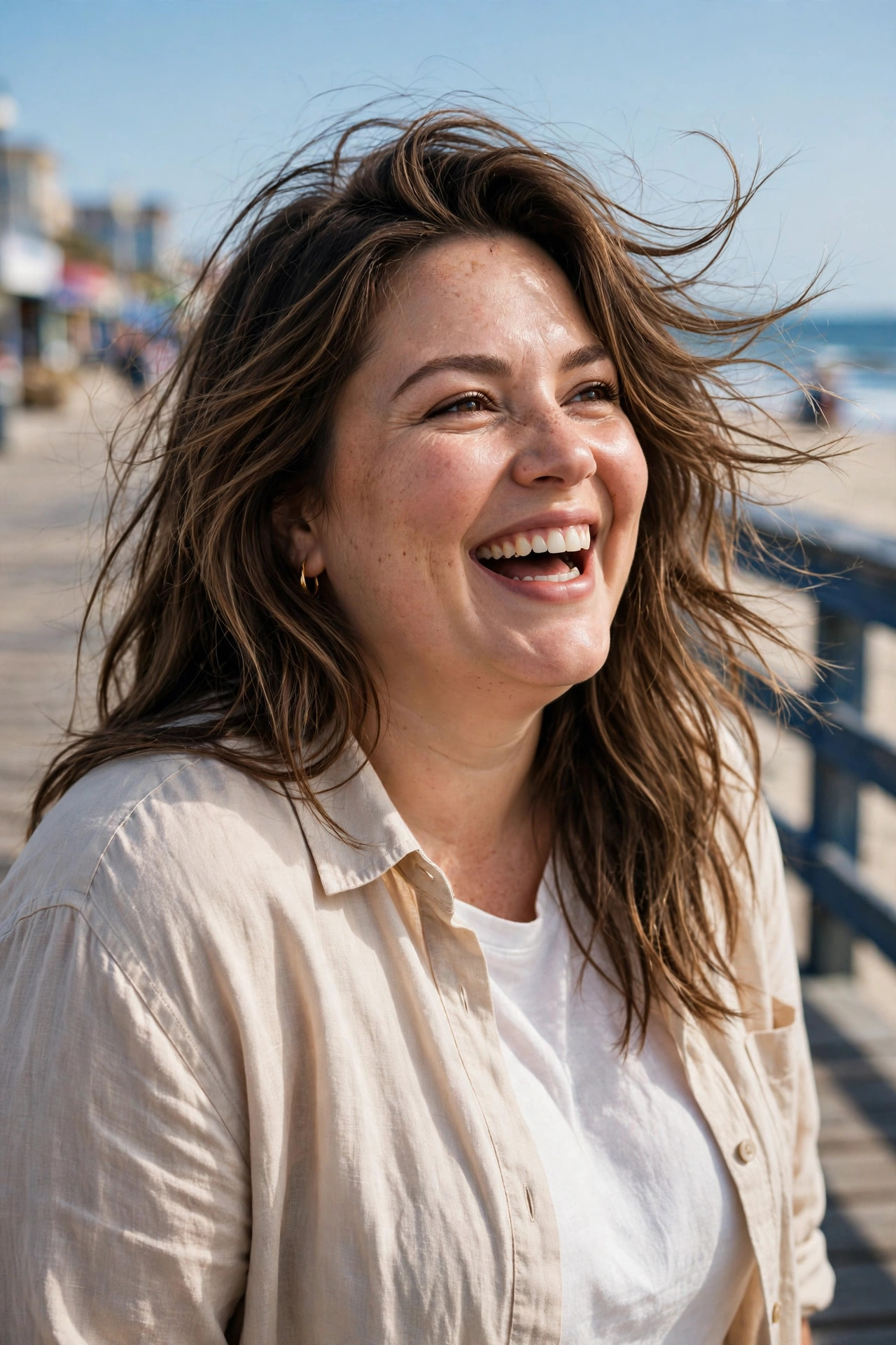 Tousled beach waves with windswept texture in long layered brown hair, relaxed medium hairstyles for plus size women with effortless texture