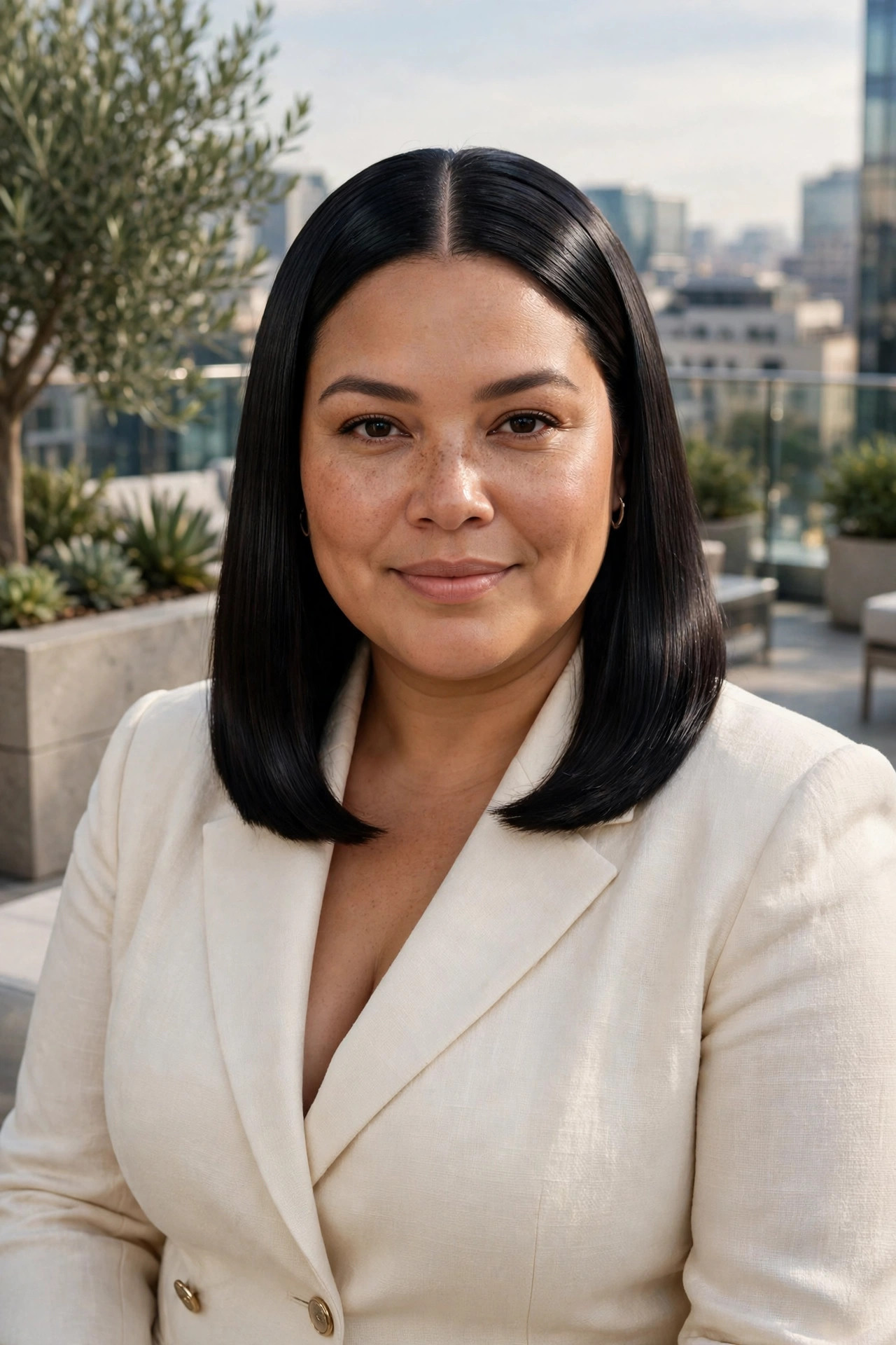 Polished straight lob with glass-like sleek middle-parted dark hair and mirror shine in a cream suit