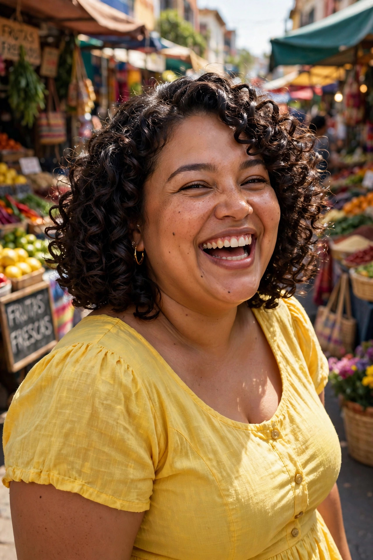 Defined curly shoulder cut with tight glossy ringlets on a joyful woman, joyful medium hairstyles for plus size women