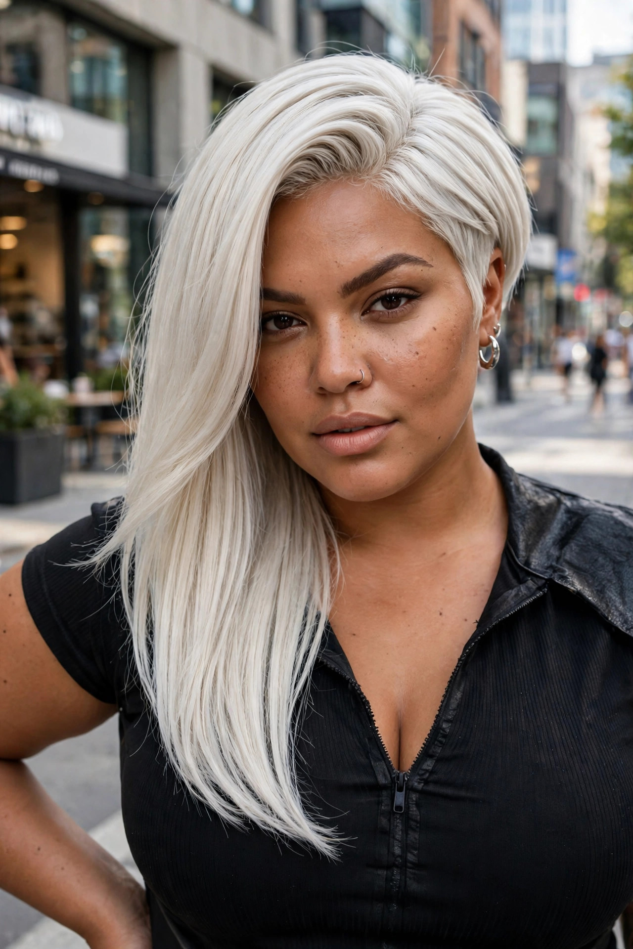 Asymmetric modern lob with one side longer in sleek platinum blonde, a bold fashion-forward medium cut