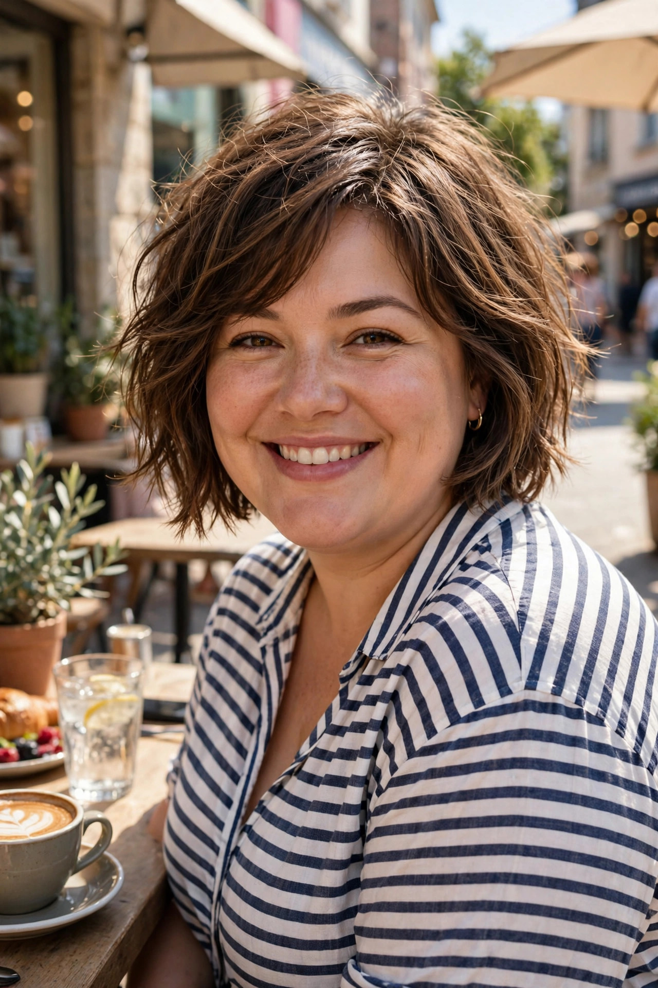 Piecey textured bob with separated lived-in strands in medium brown hair with dimension