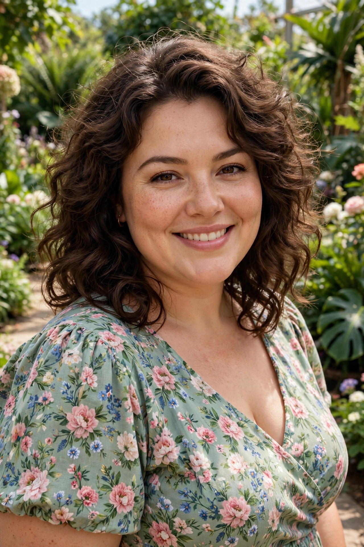 Soft volume perm with loose airy waves and root lift in medium-length dark brown hair, classic medium hairstyles for plus size women