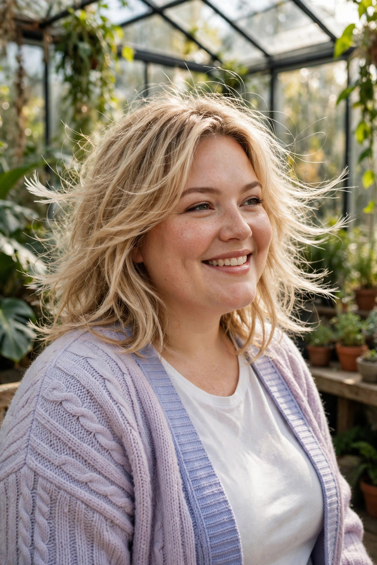 Feathered airy layers with wispy ends floating softly in medium blonde hair, airy medium hairstyles for plus size women