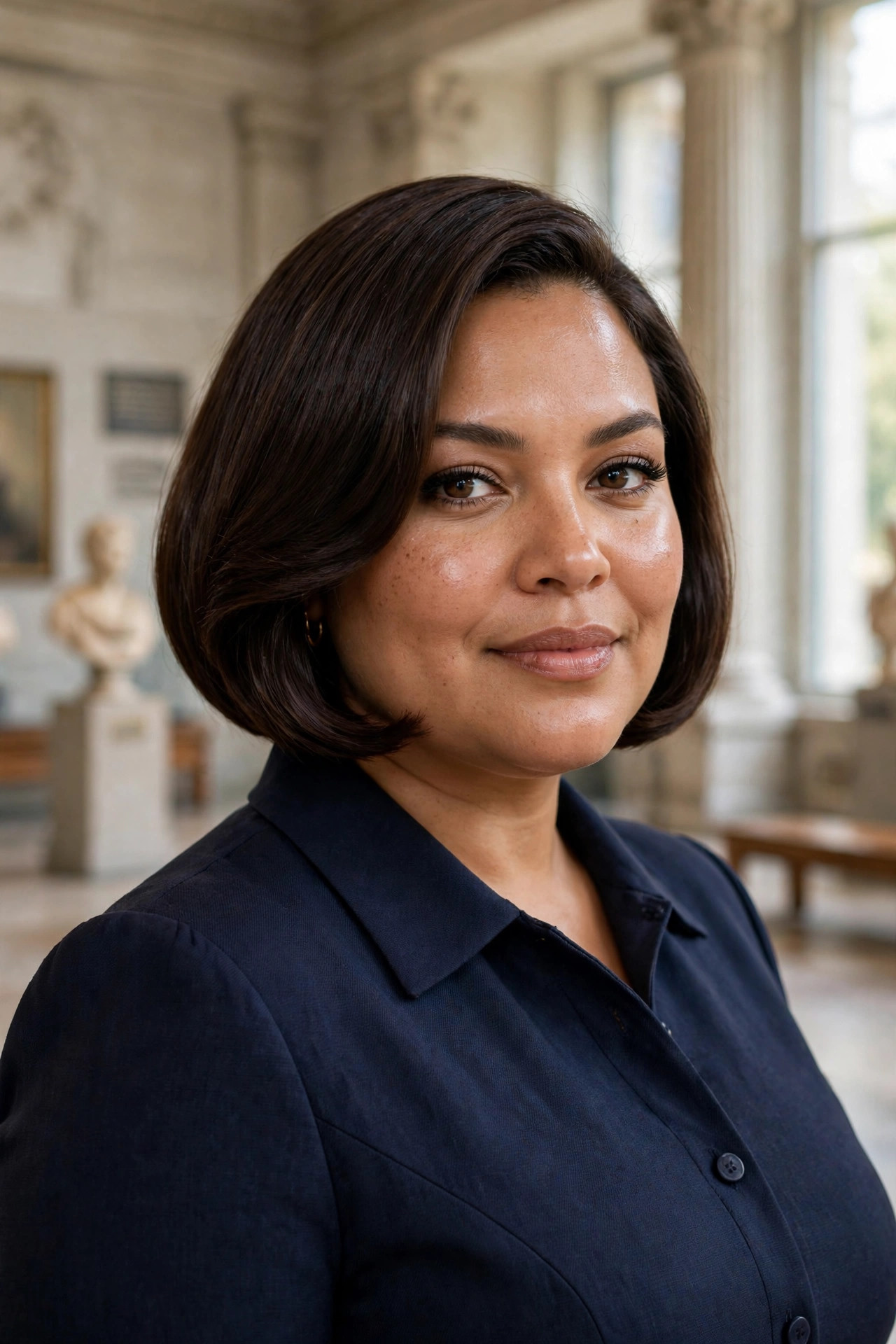 Curved jawline bob with a smooth inward-curved shape contouring the jaw in rich espresso-brown hair