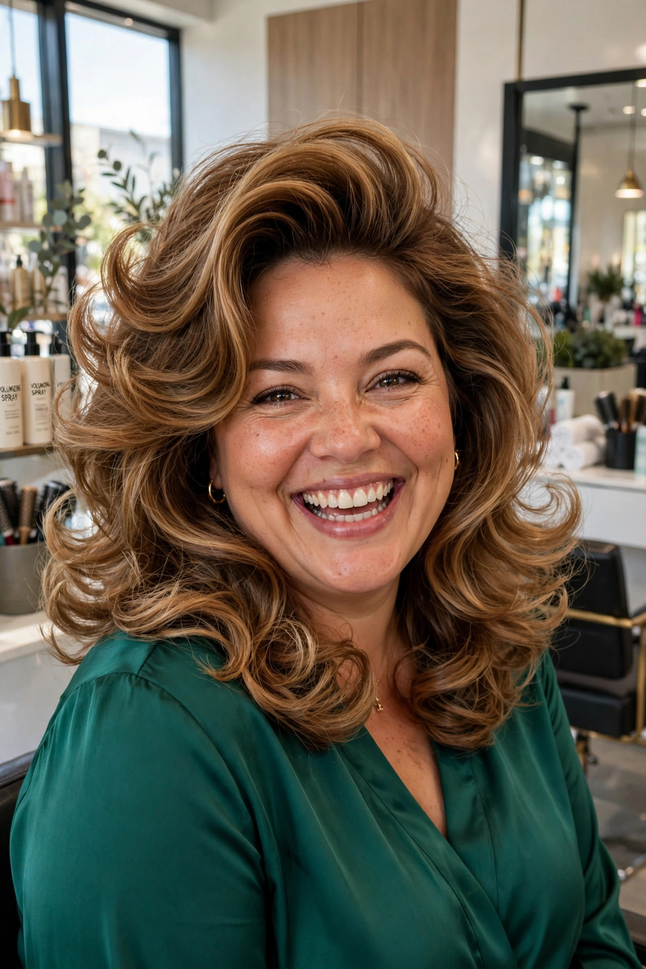 Bouncy salon blowout with big rounded voluminous layers in medium caramel hair, salon-fresh medium hairstyles for plus size women