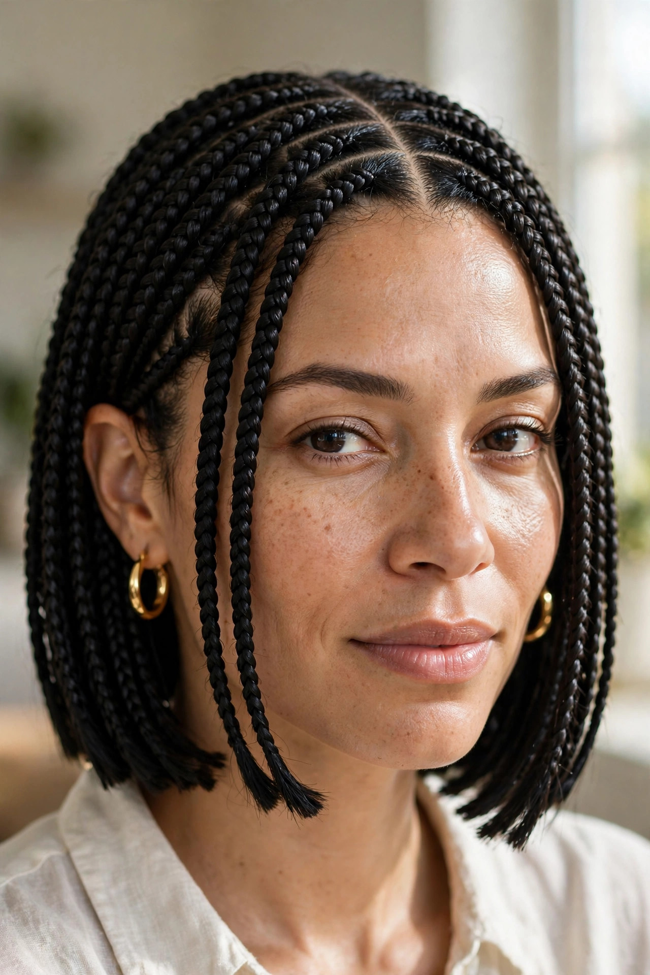 Close-up of a woman with a sleek black box braid bob and gold hoops, a stunning bob braids hairstyle