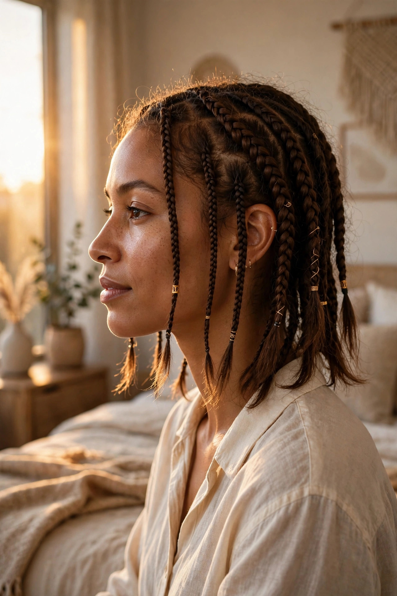 Woman with warm espresso knotless braids in a soft chin-length bob