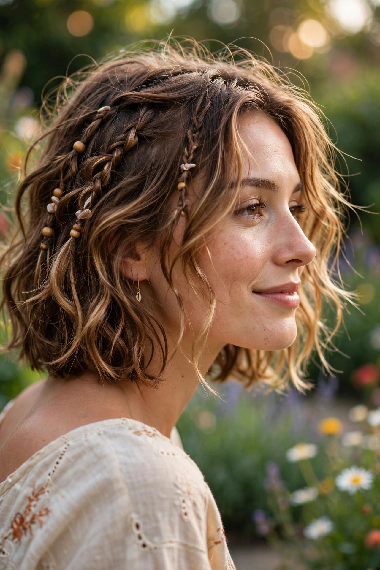 Sunlit bohemian braided bob with wooden beads in a garden, a trendy bob braids hairstyle
