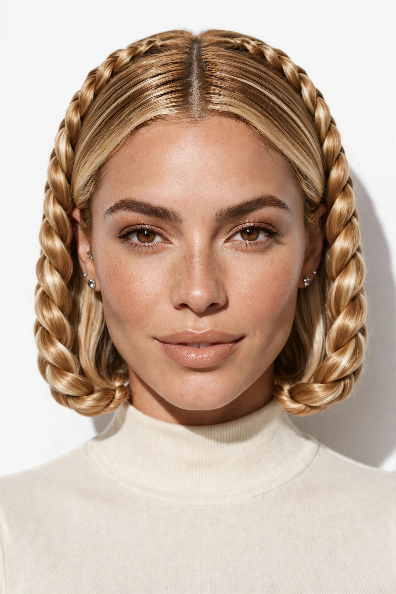 Golden blonde braided bob with center part in a studio portrait