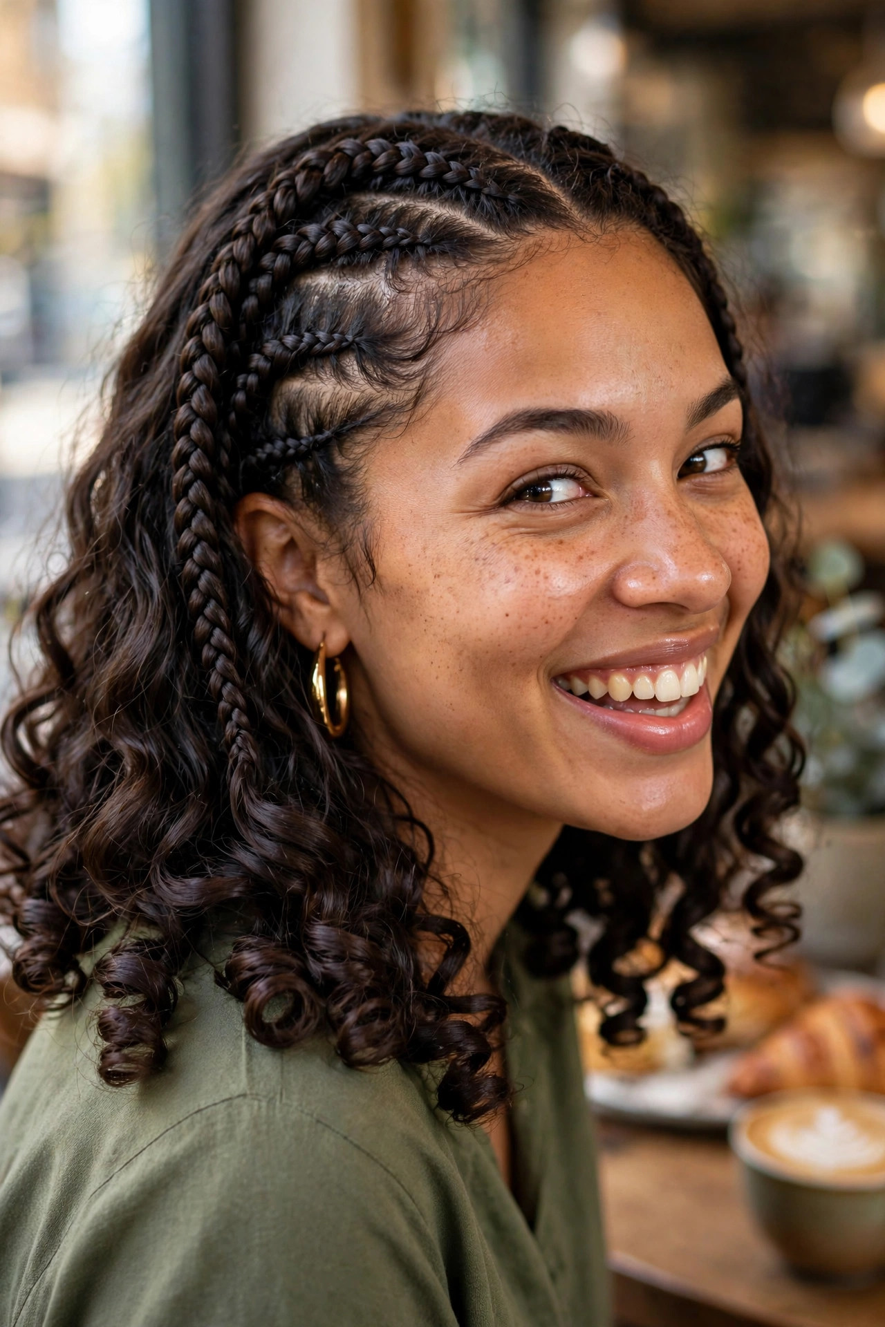 Dark braided bob blending into bouncy defined curls in daylight - chic bob braids hairstyle inspiration