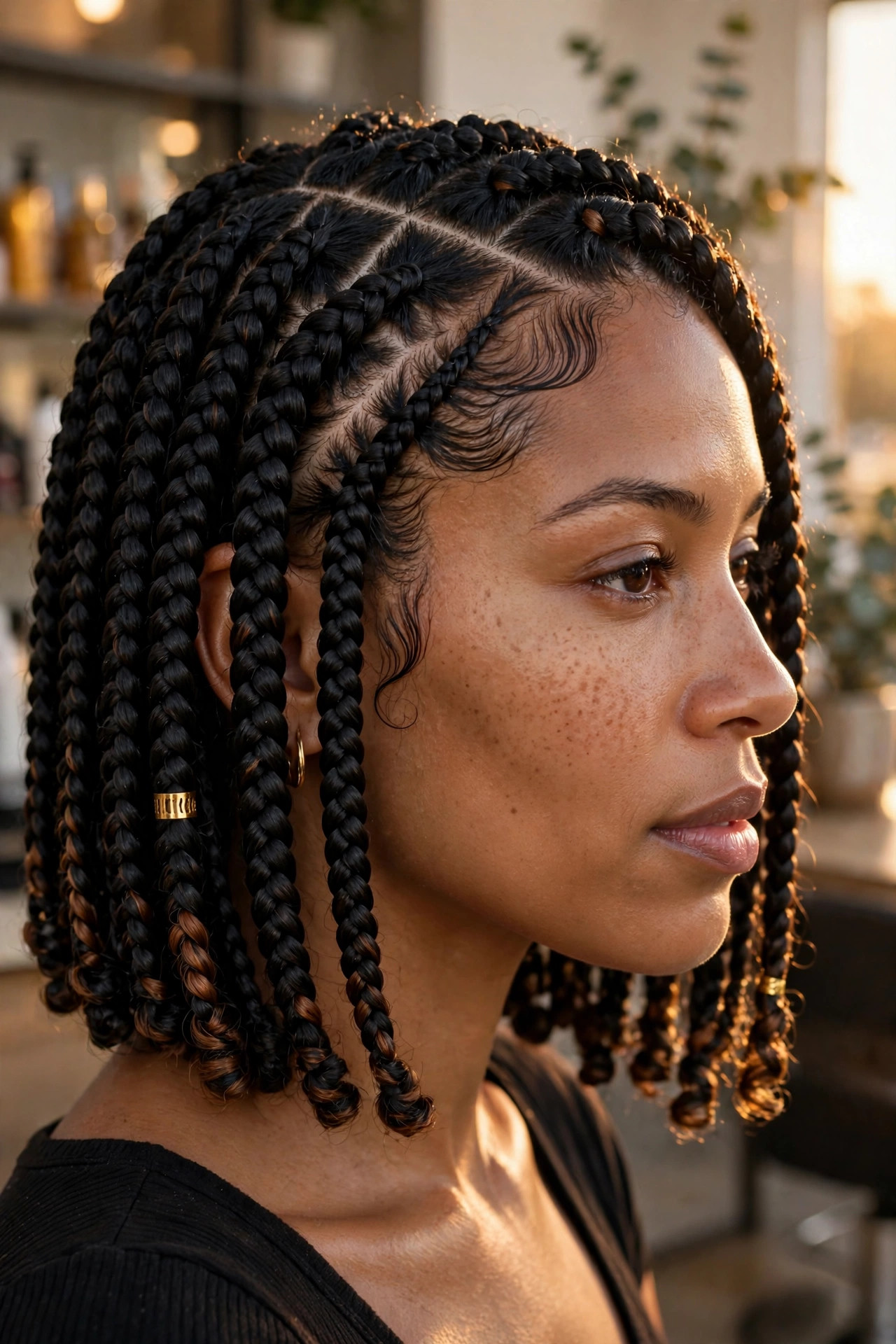 Glossy black braid bob with a deep side part and gold cuff