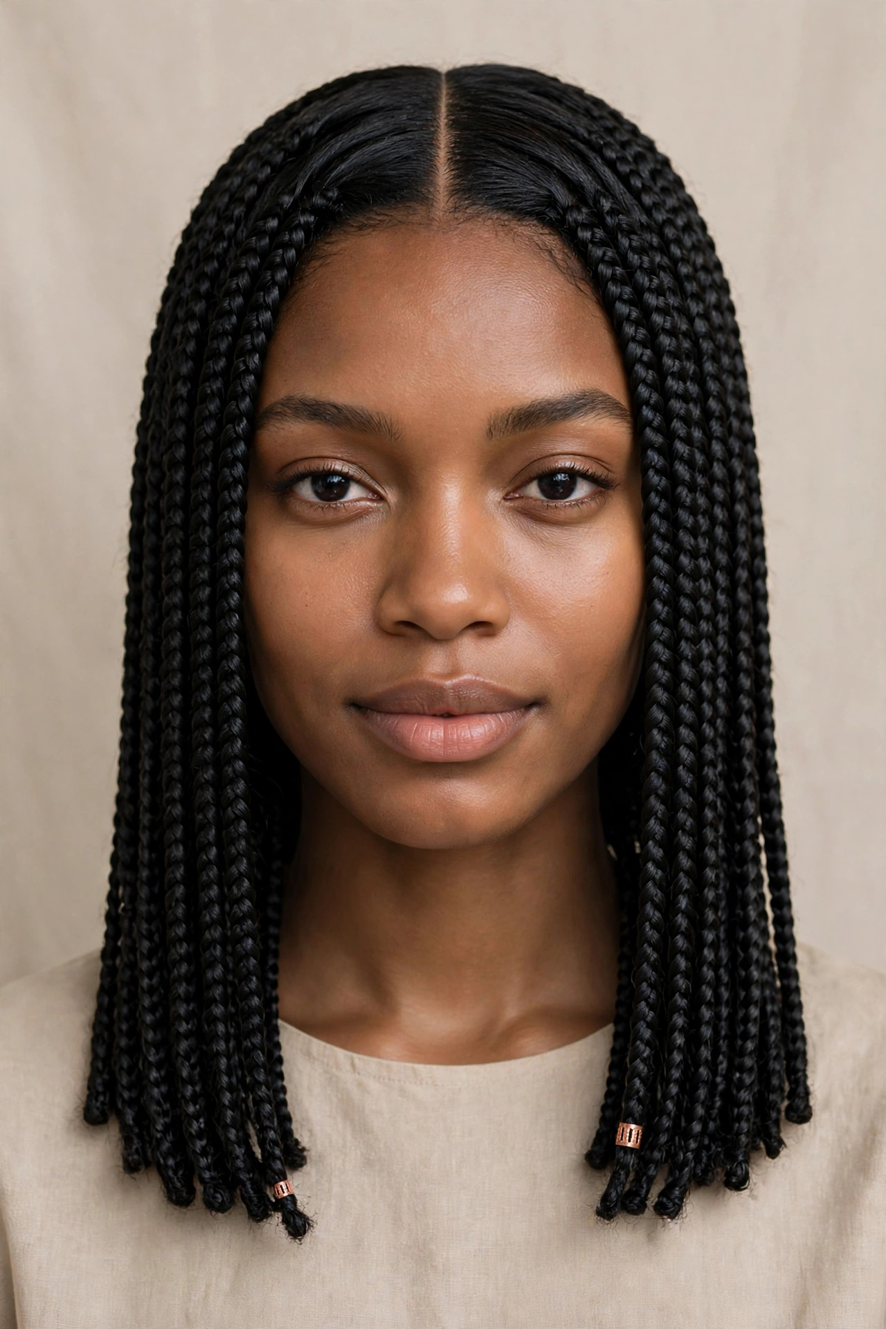 Jet-black braided bob with crisp middle part and copper beads, an elegant bob braids hairstyle
