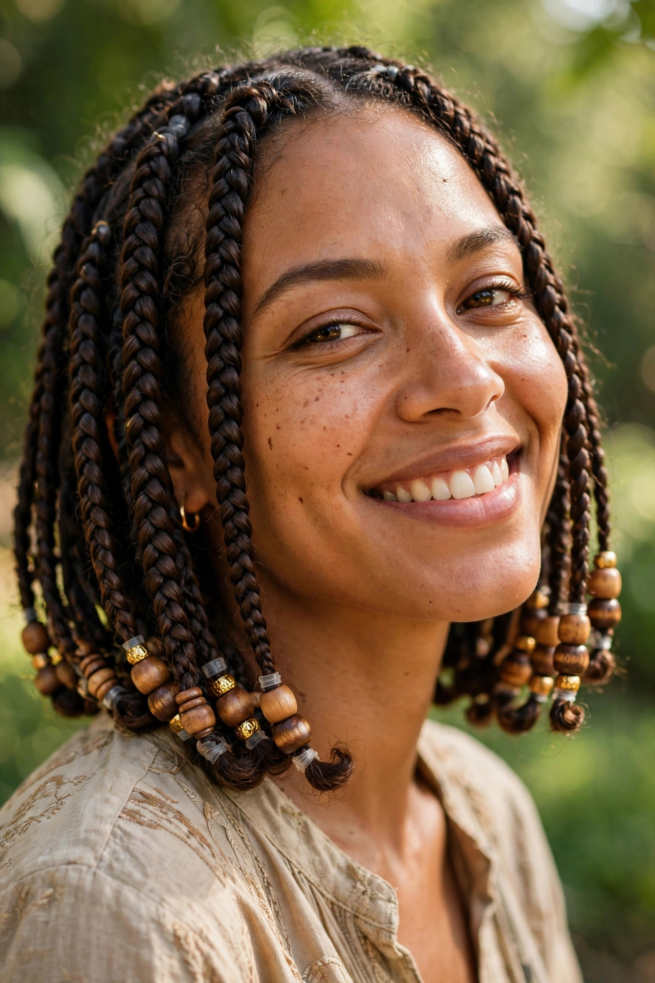 Espresso knotless braided bob decorated with wooden and gold beads