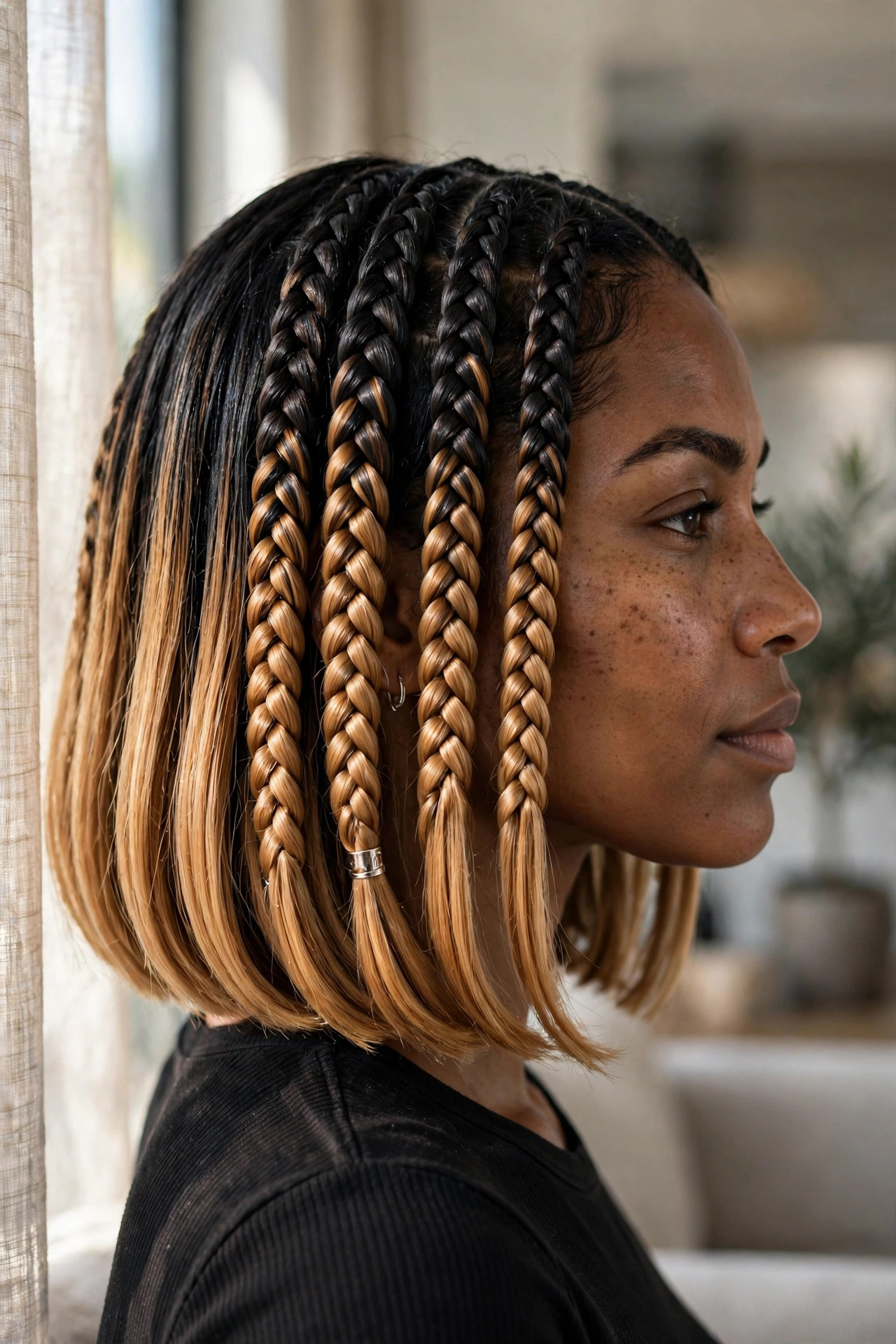 Black-to-blonde ombre braided bob with silver cuff in side-profile portrait, a fresh bob braids hairstyle idea