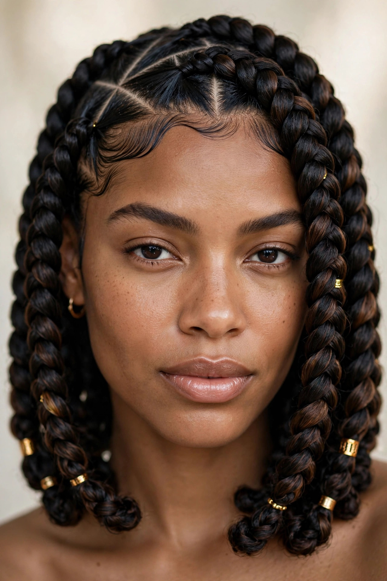 Thick jumbo box braids falling to the chin with gold cuffs - modern bob braids hairstyle