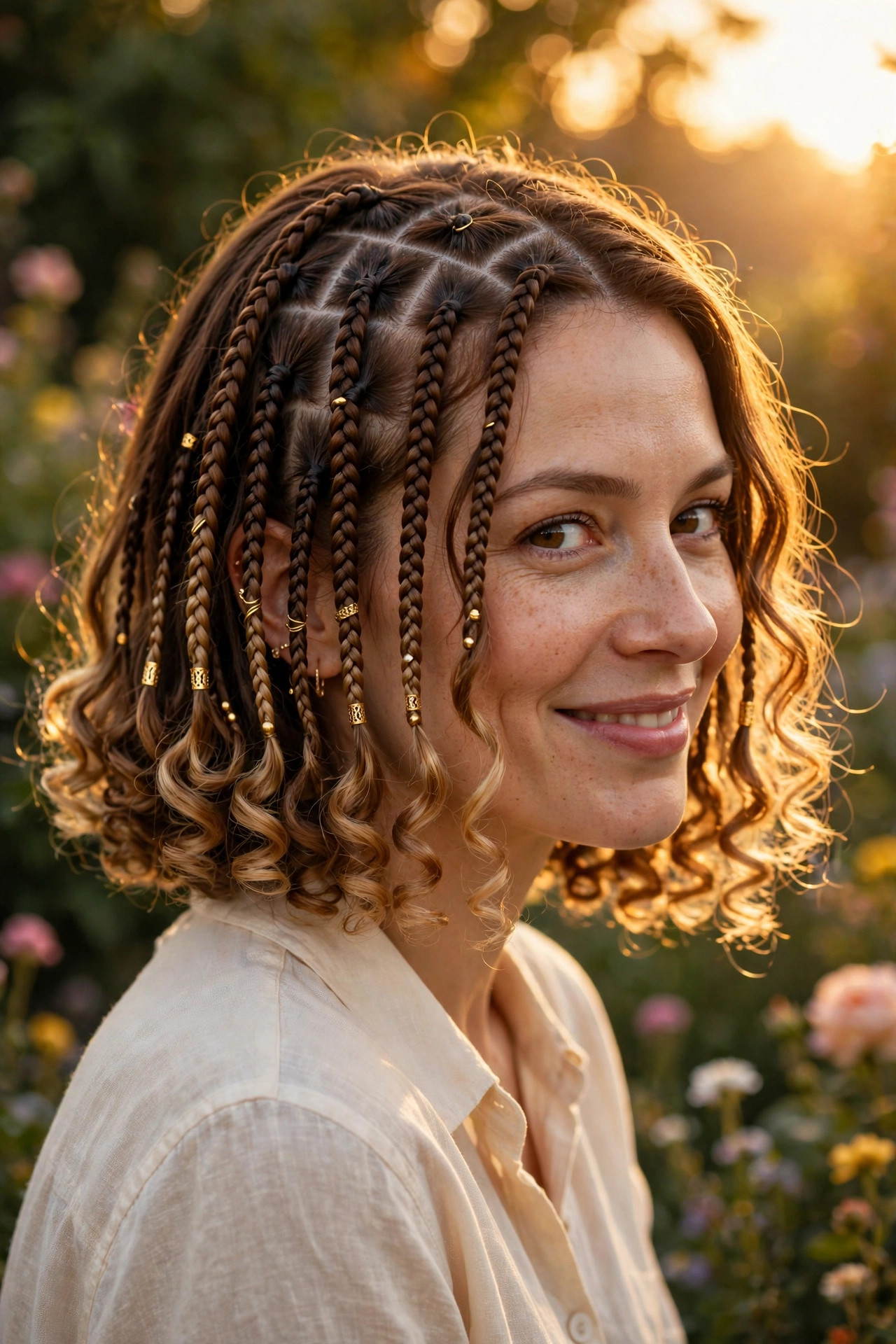 Braided bob with springy honey-tipped curls in warm golden sunlight