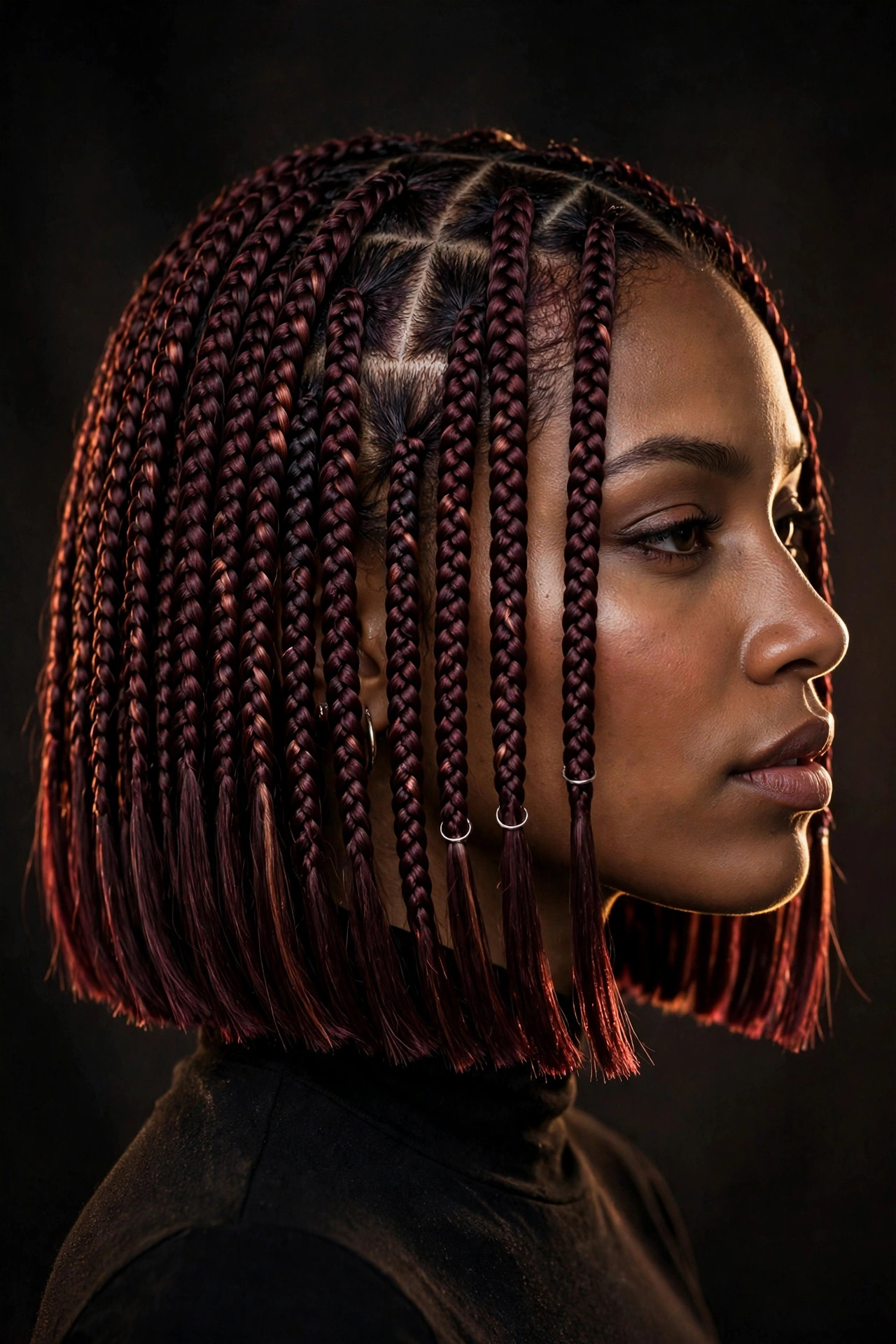 Burgundy braided bob with silver rings in dark studio light, a glamorous bob braids hairstyle
