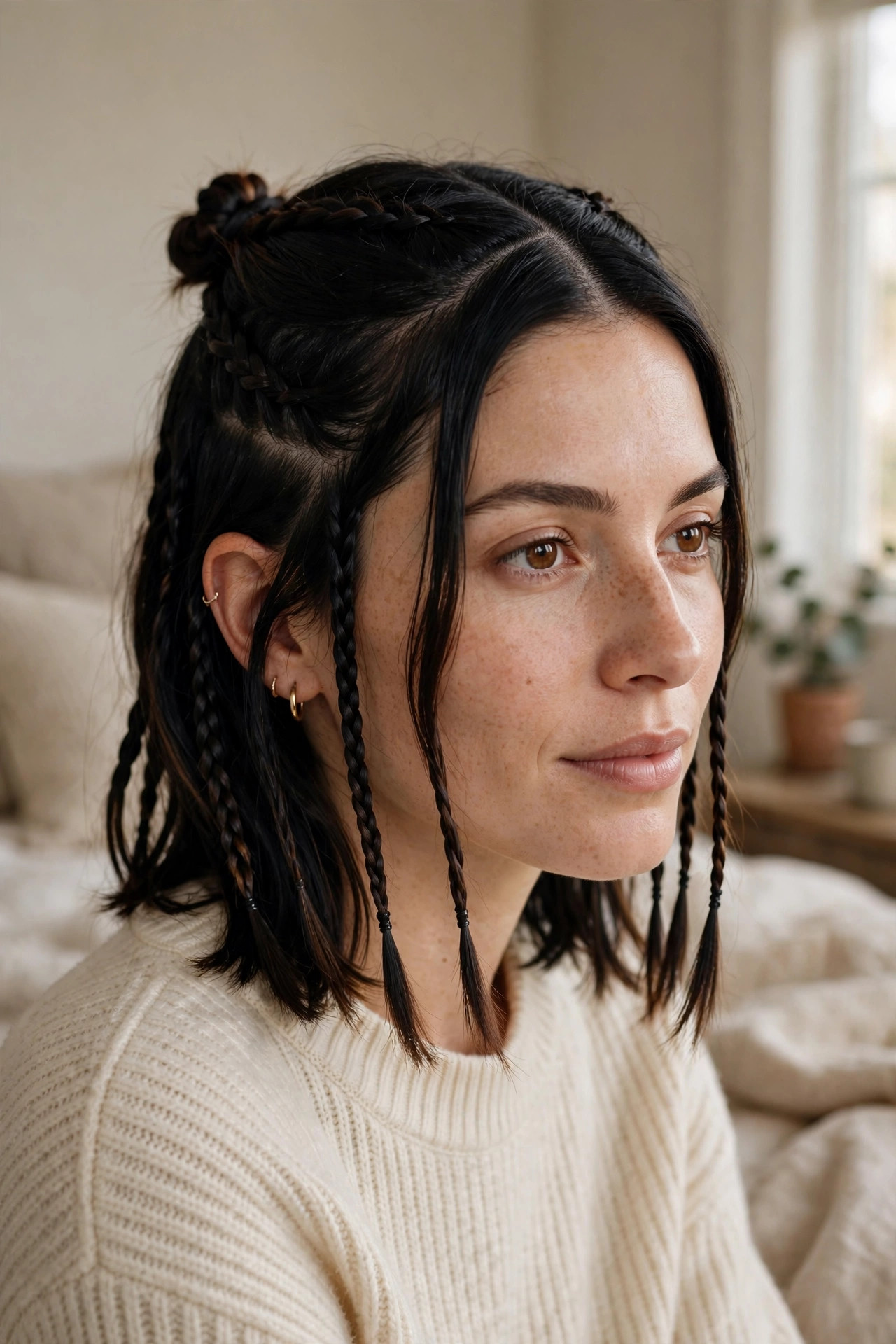 Braided bob styled half-up with a small sleek top knot