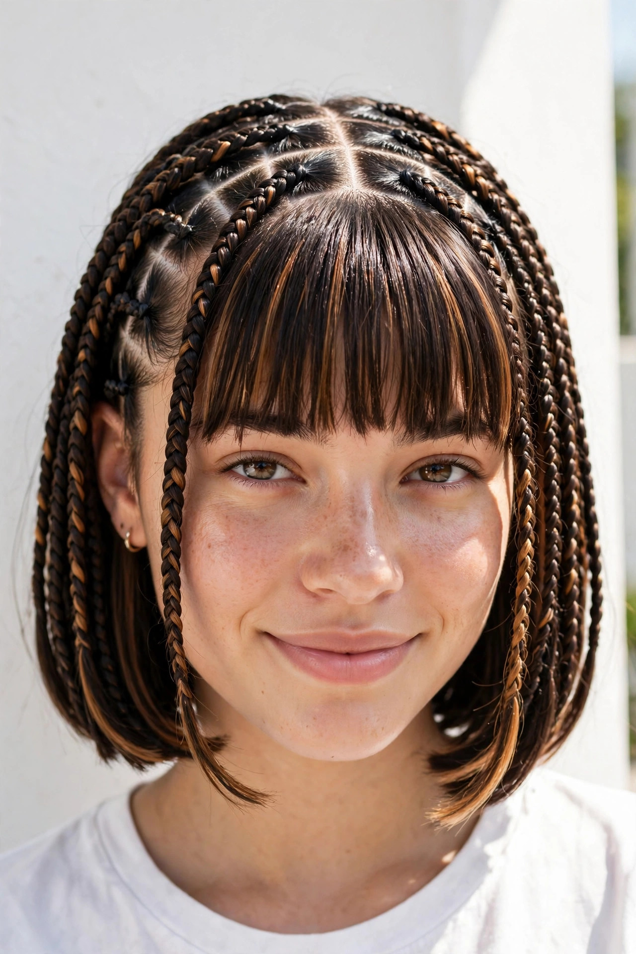 Braided bob with soft face-framing bangs and caramel streaks in daylight, a cute bob braids hairstyle for 2026
