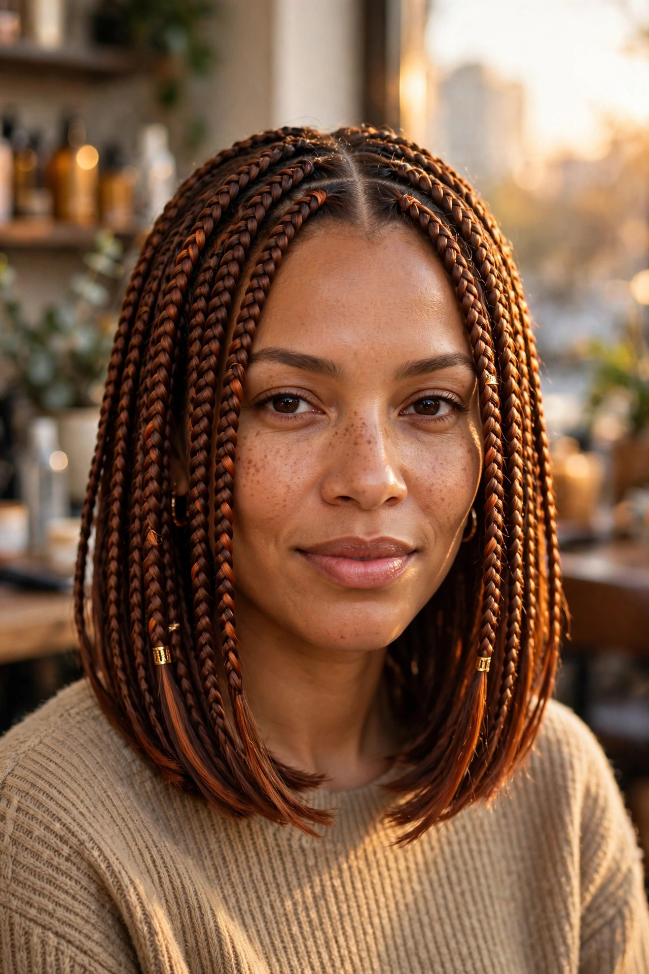 Copper-toned braided bob with gold hair cuffs in golden-hour sunlight