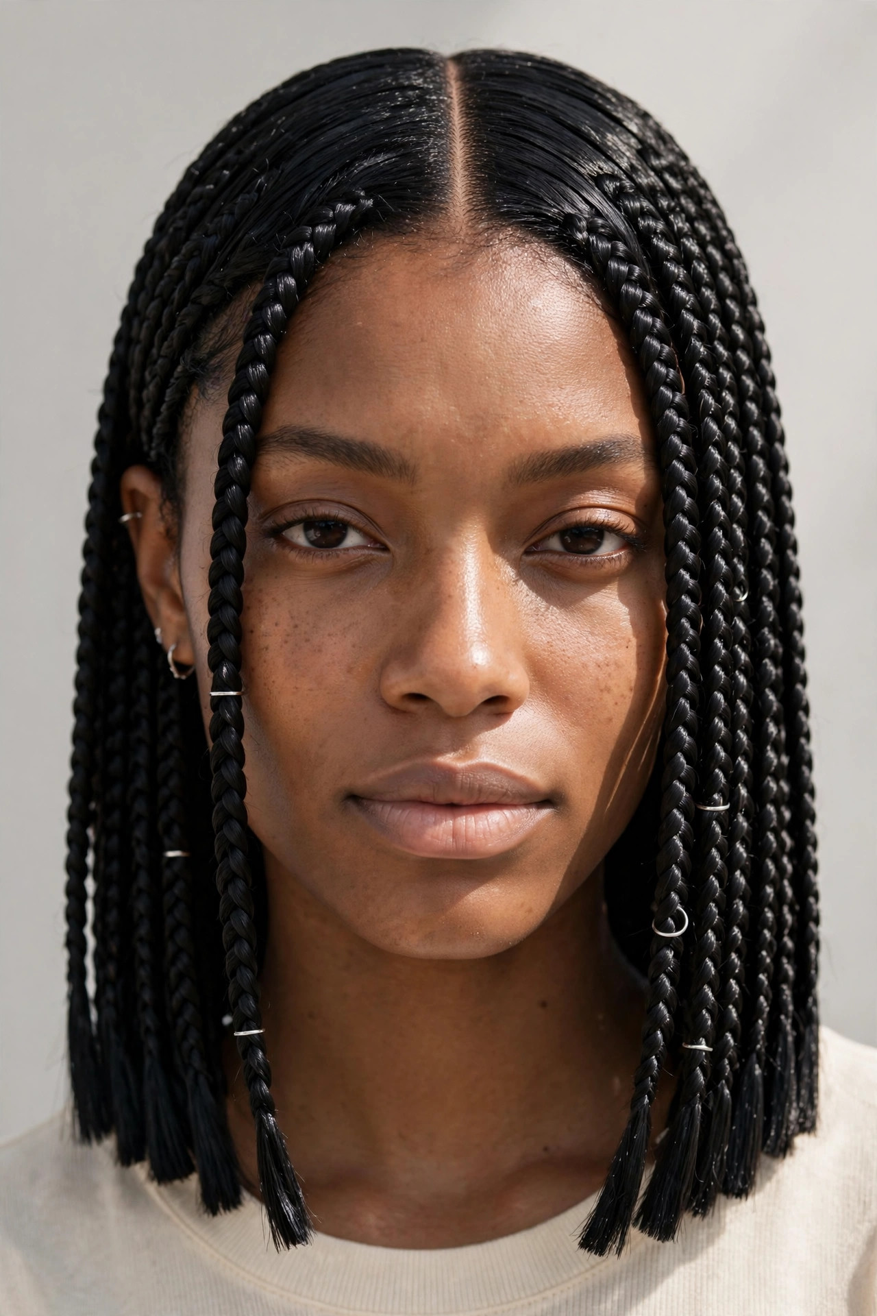 Sleek pin-straight black braided bob with blunt ends and silver rings - versatile bob braids hairstyle