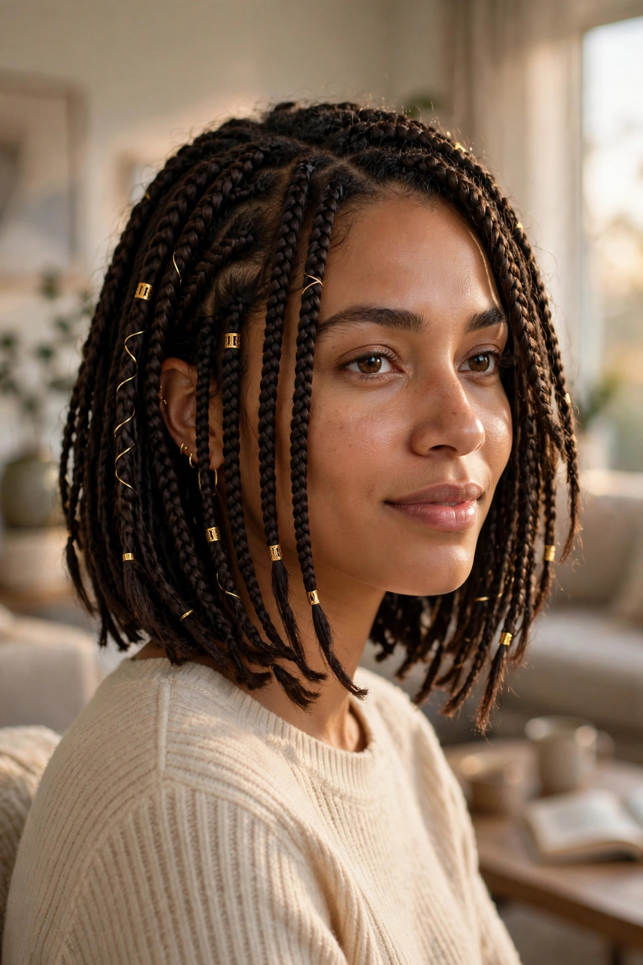 Layered dark brown braided bob with gold cuffs and side part