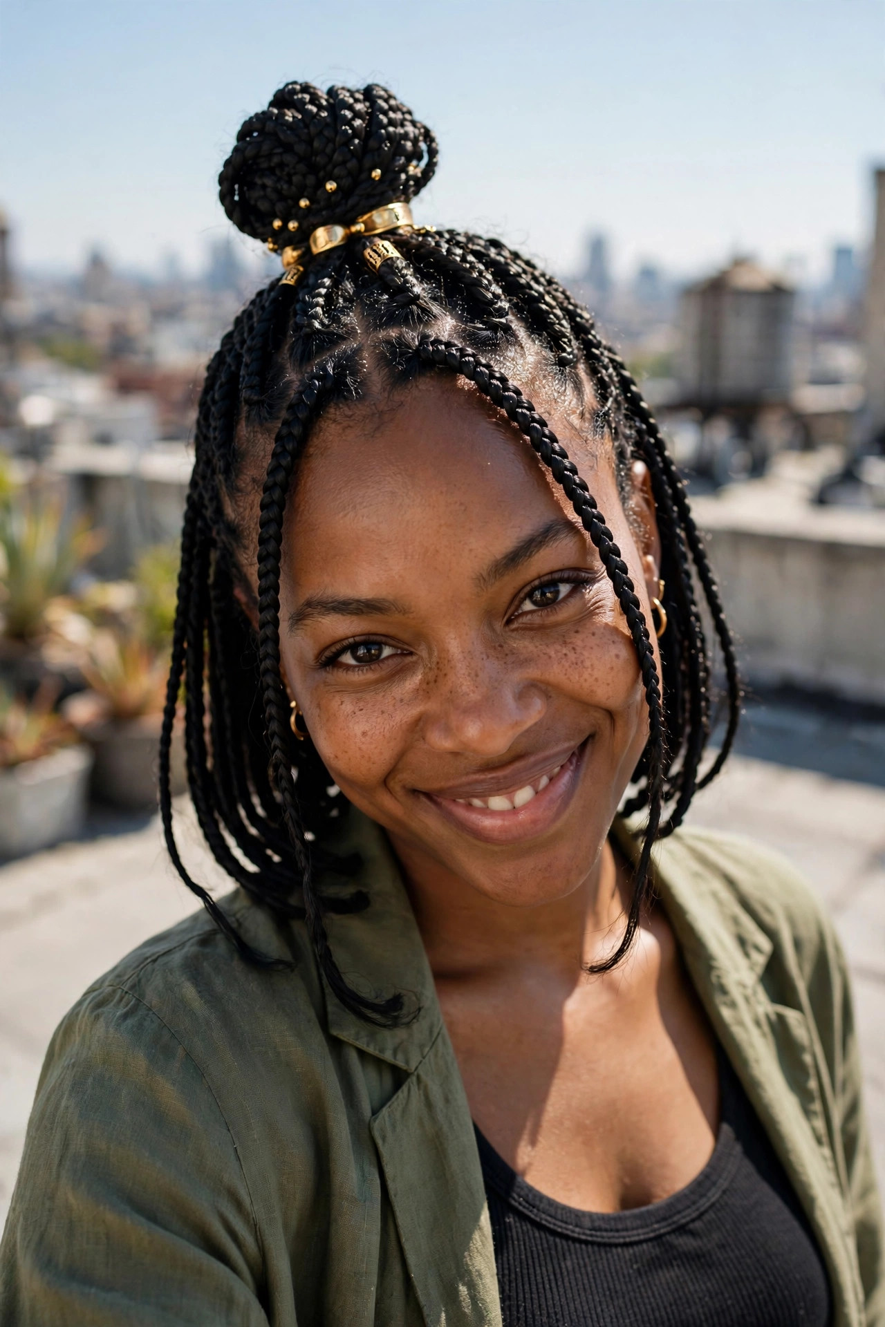 Braided bob gathered into a high playful top knot with loose braids, a polished bob braids hairstyle